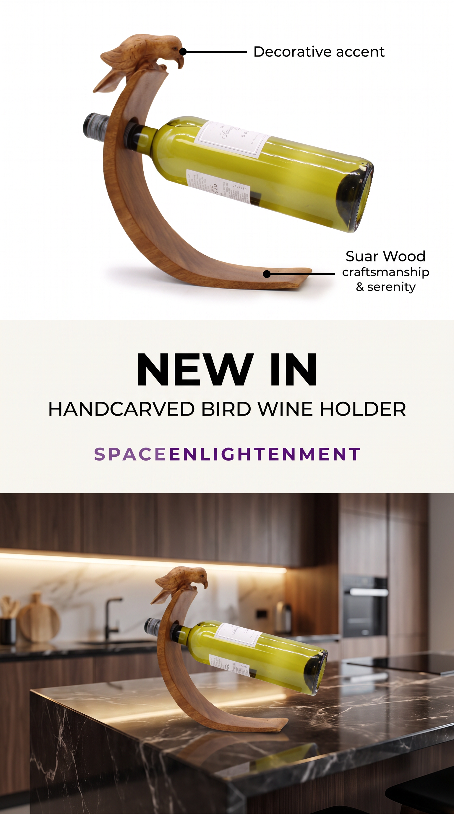 Balance Wine Holder Bird Design Handcarved Handmade Suar Wood