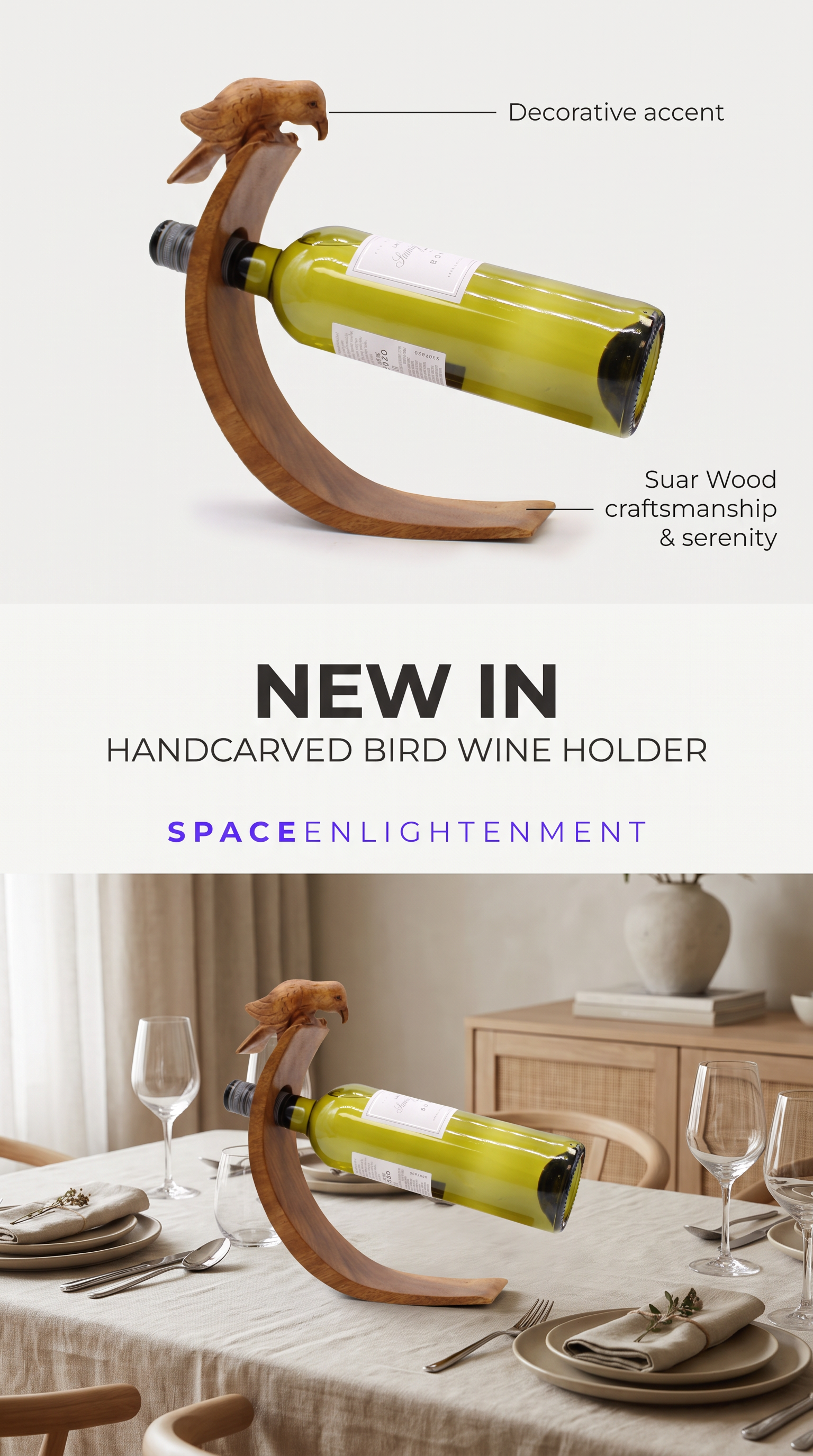 Balance Wine Holder Bird Design Handcarved Handmade Suar Wood