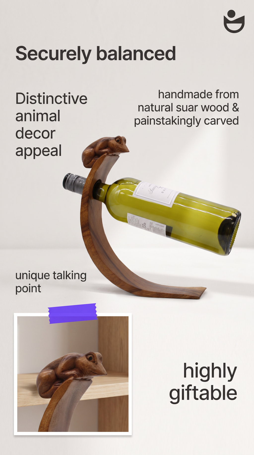 Balance Wine Holder Frog Design Handcarved Handmade Suar Wood