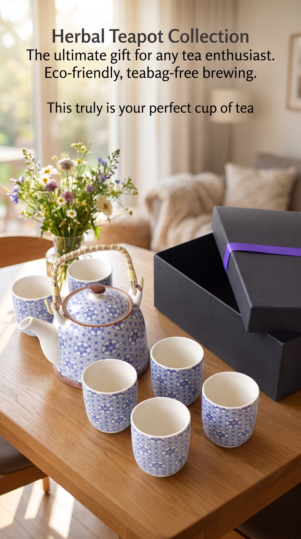 Blue Ceramic Teapot Set with Six Cups – Loose Leaf Tea Brewing Collection
