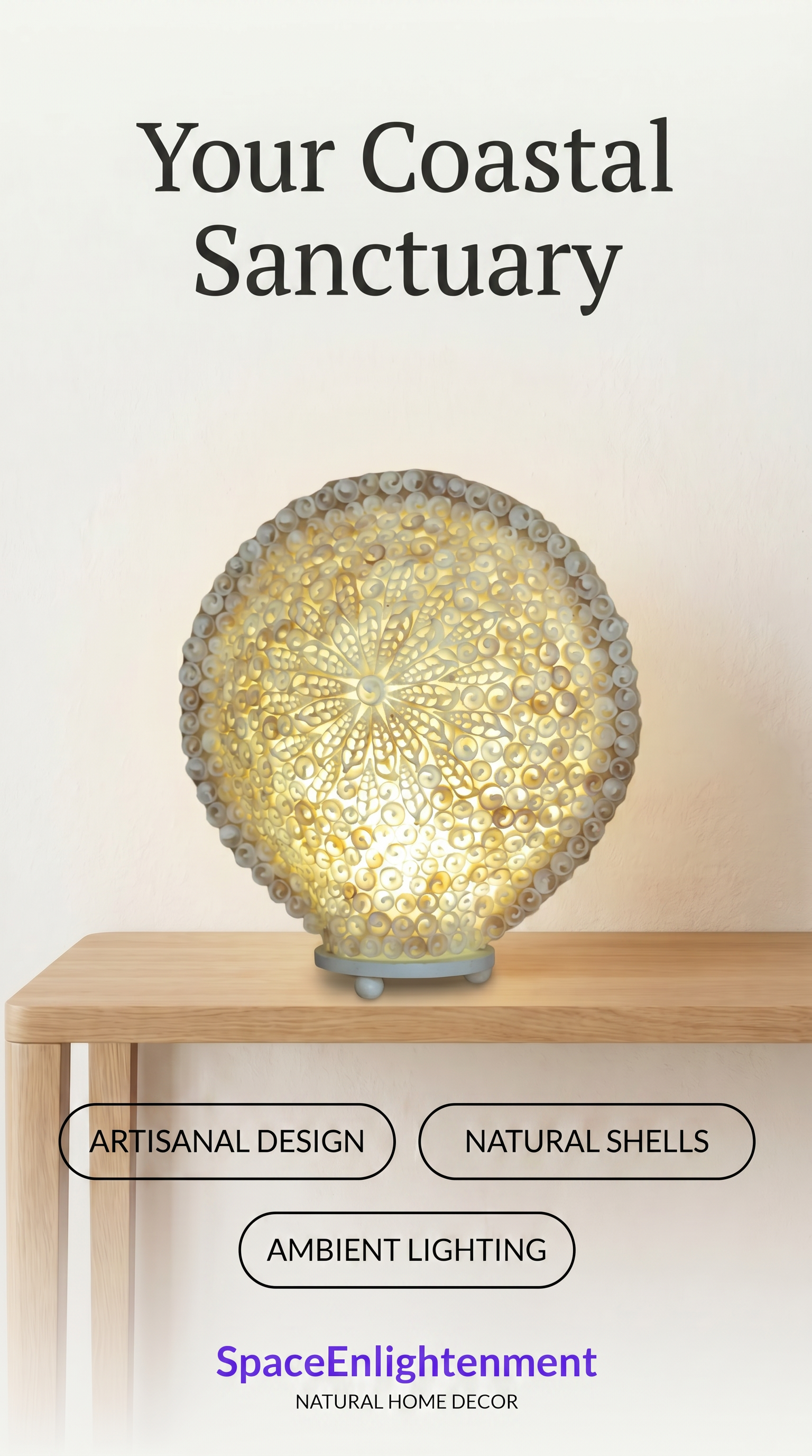 Boho Sea Shell Lamp, Large Round Cut Art Design, Coastal Beach Decor, Ambient Lighting