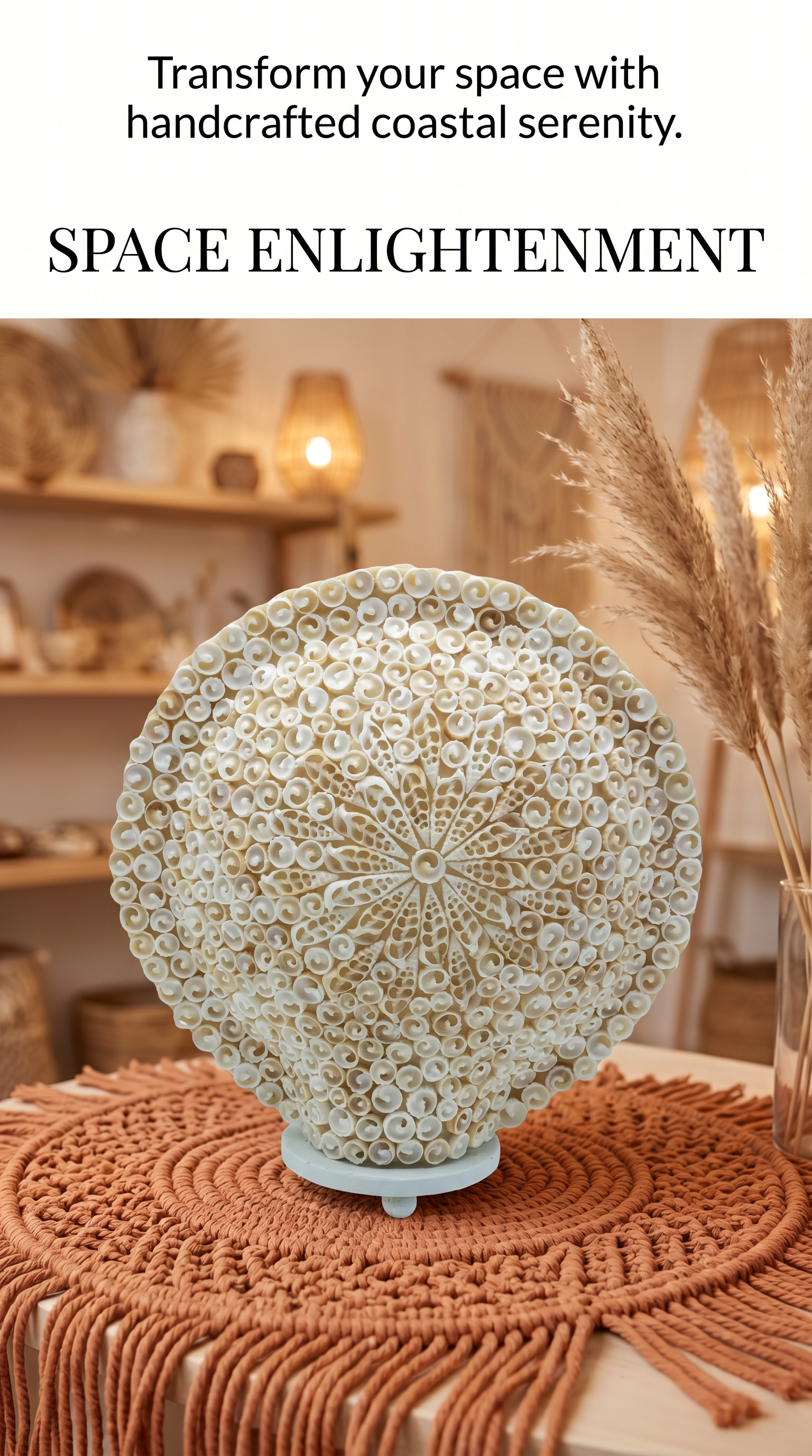 Boho Sea Shell Lamp, Large Round Cut Art Design, Coastal Beach Decor, Ambient Lighting
