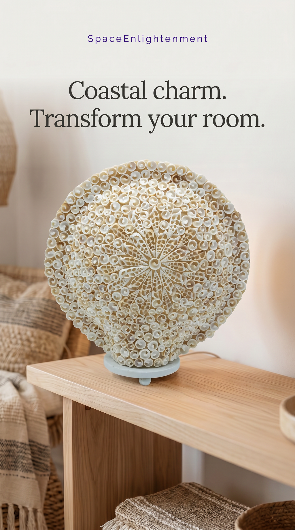 Boho Sea Shell Lamp, Large Round Cut Art Design, Coastal Beach Decor, Ambient Lighting