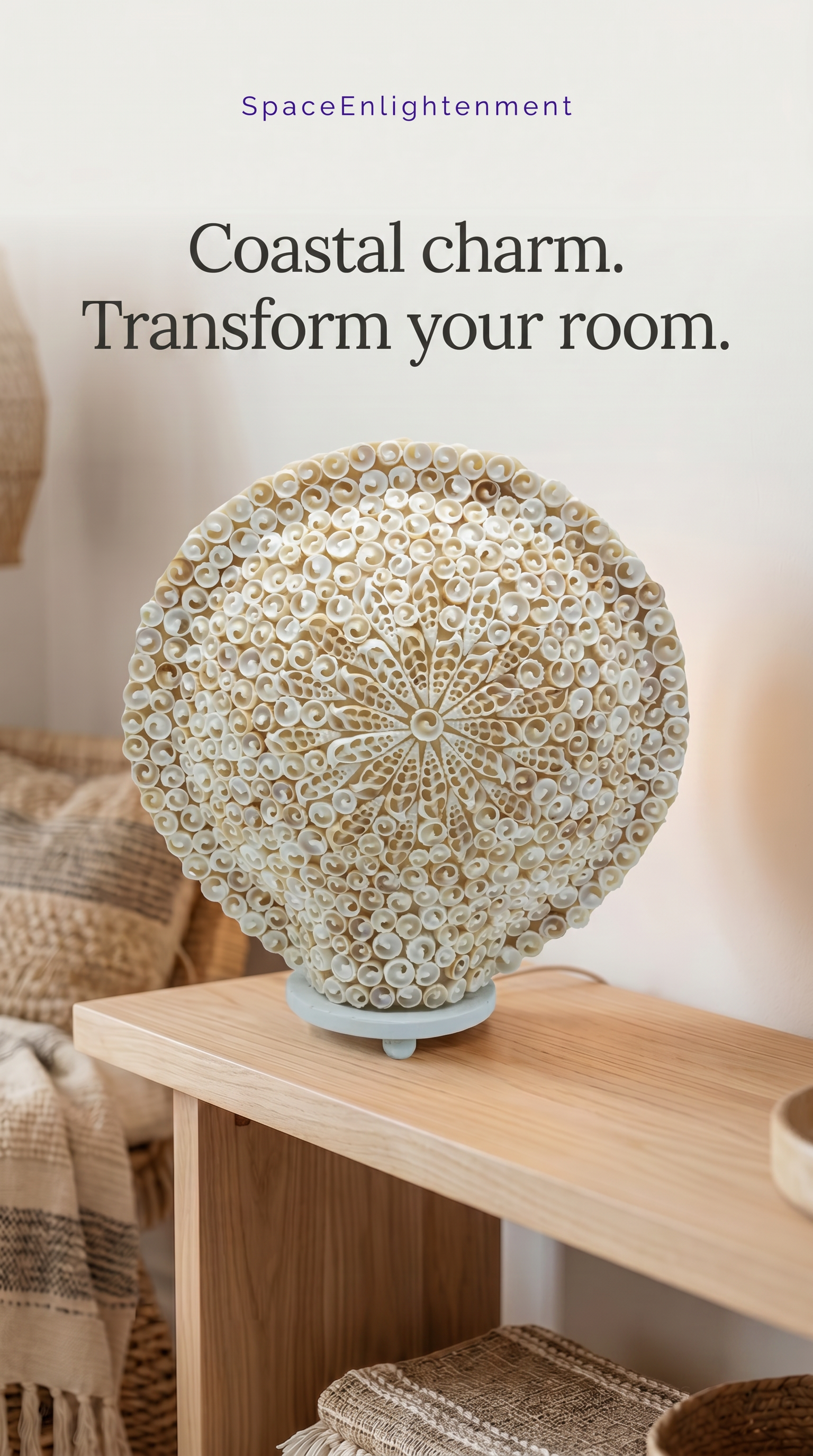Boho Sea Shell Lamp, Large Round Cut Art Design, Coastal Beach Decor, Ambient Lighting