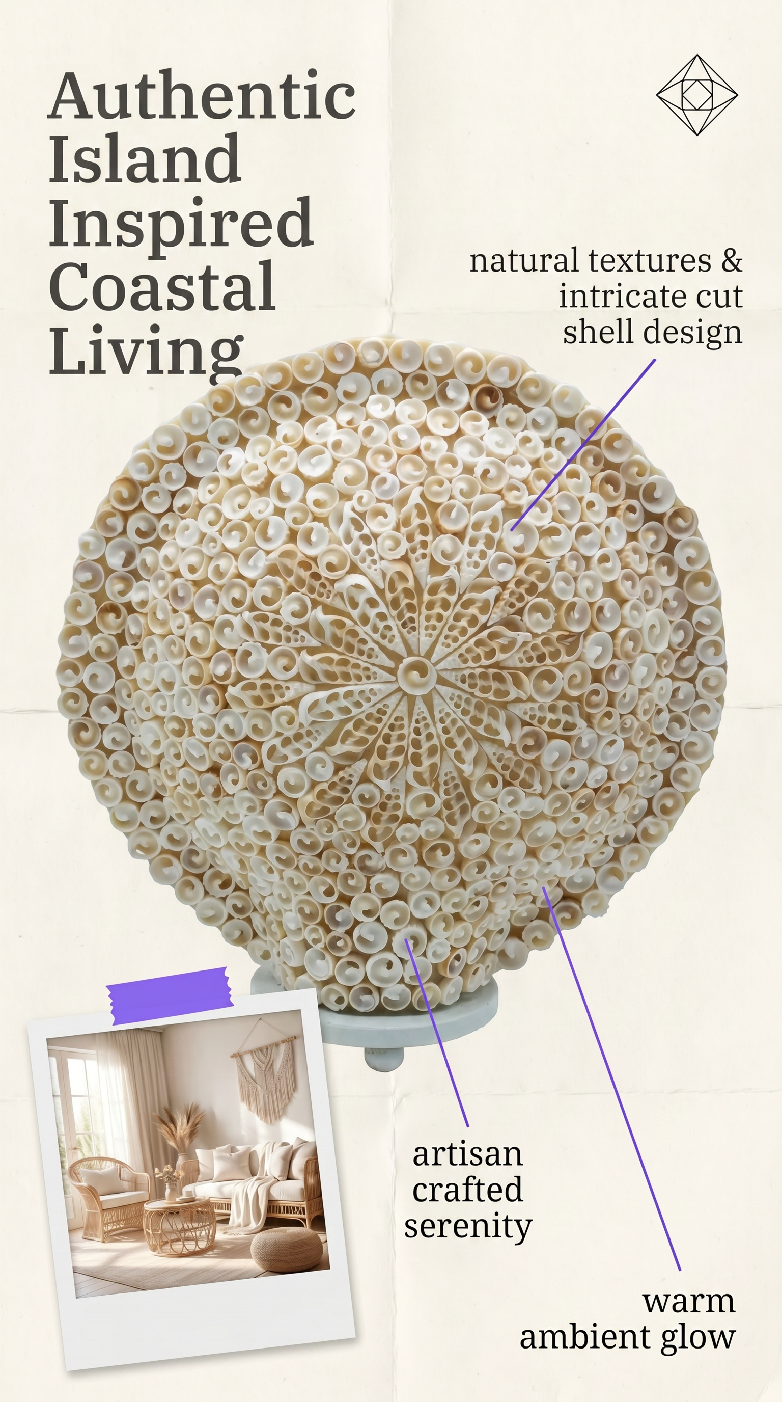 Boho Sea Shell Lamp, Large Round Cut Art Design, Coastal Beach Decor, Ambient Lighting