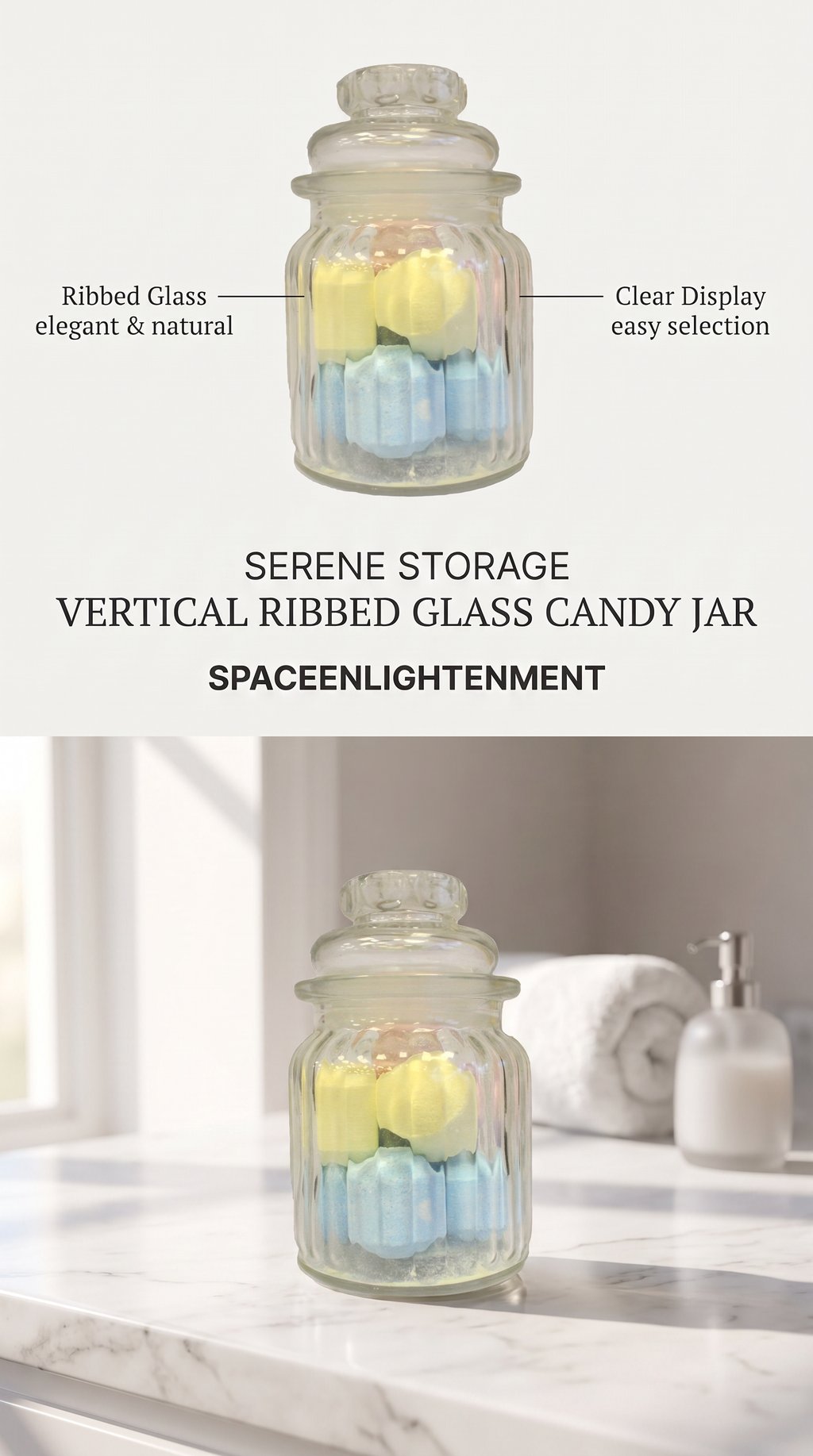 Candy Jar Vertical Glass Ribbed Style Candy Jar