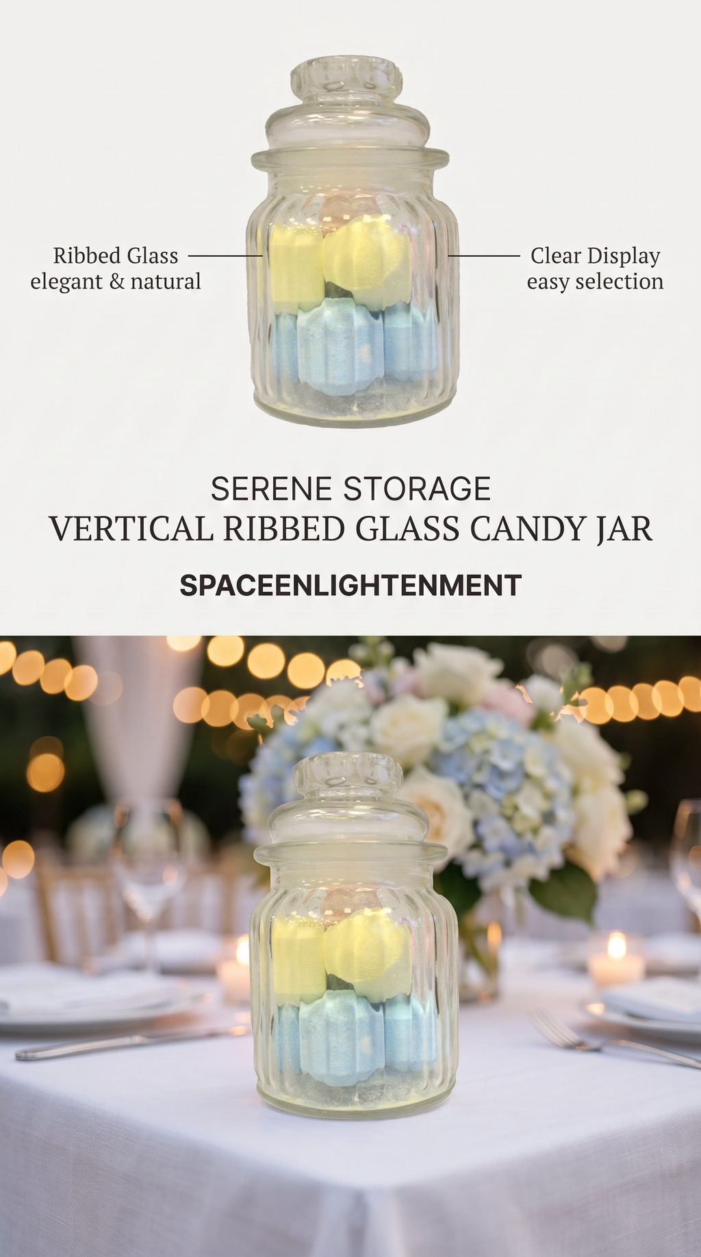 Candy Jar Vertical Glass Ribbed Style Candy Jar