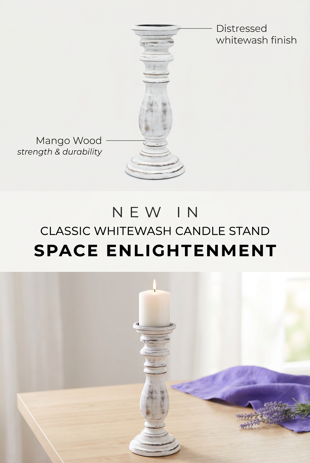 Large Classic Candle Stand Whitewash Natural Wood Grain