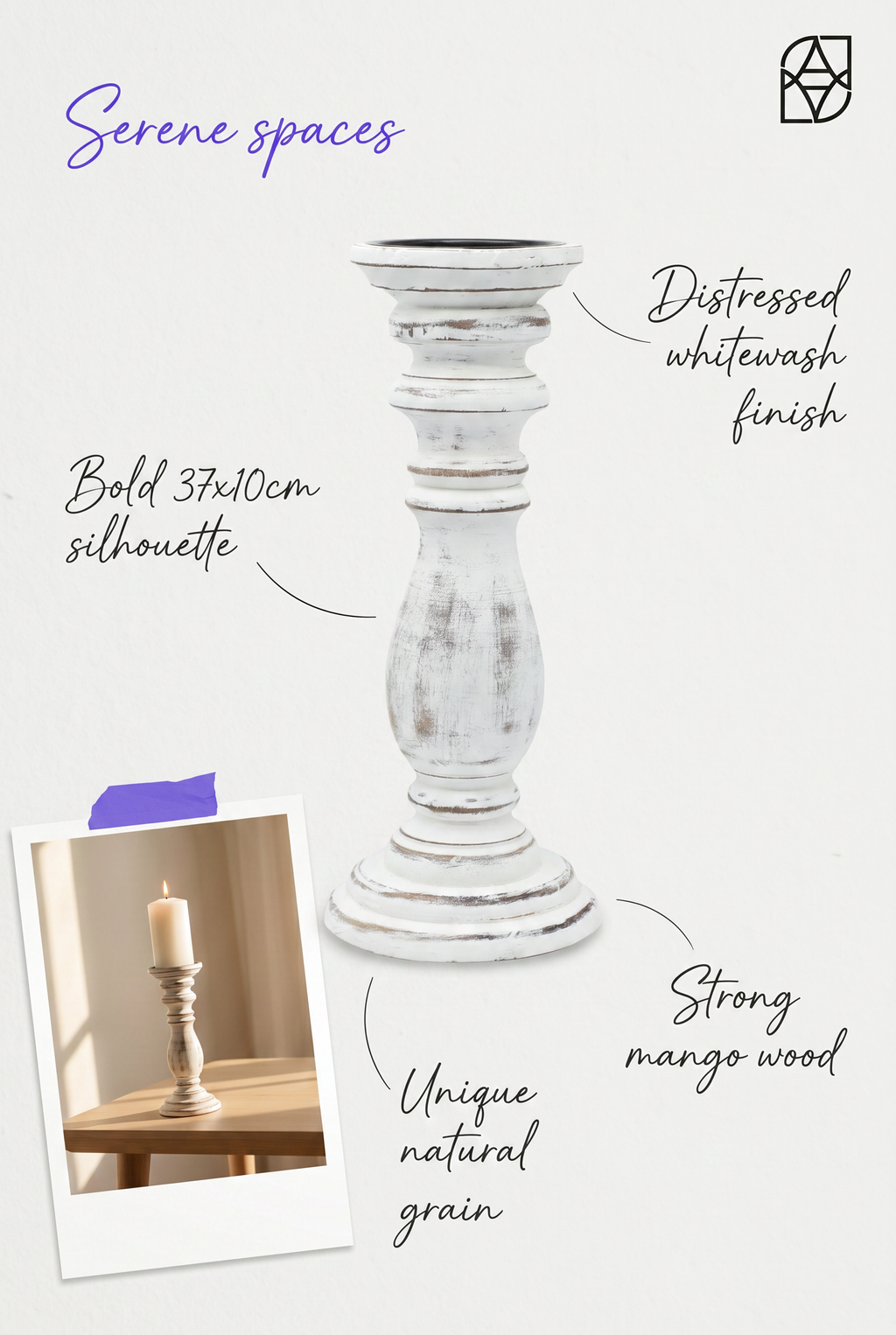 Large Classic Candle Stand Whitewash Natural Wood Grain