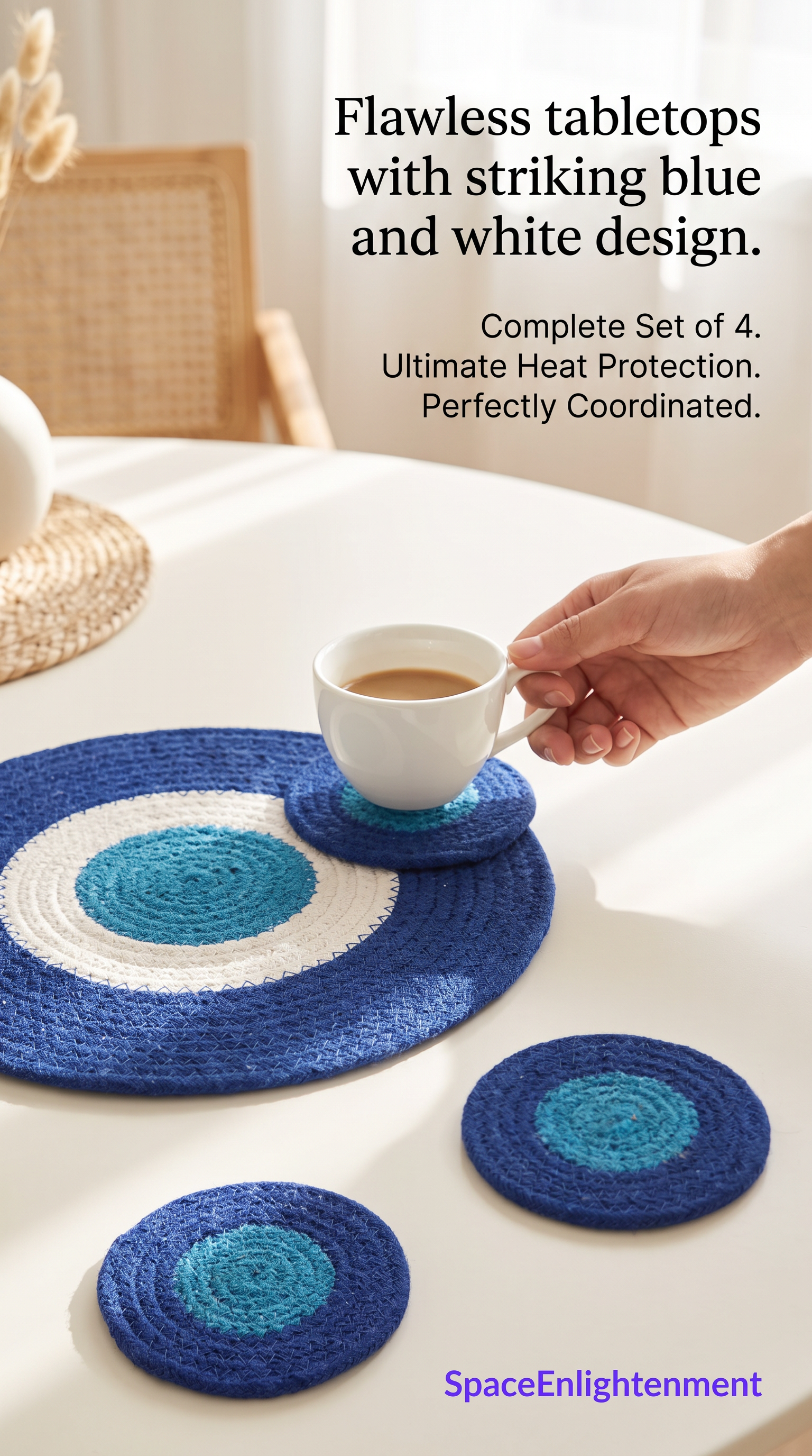 Coasters and Mats Set 4 each Handmade Jute Rope Blue White Design