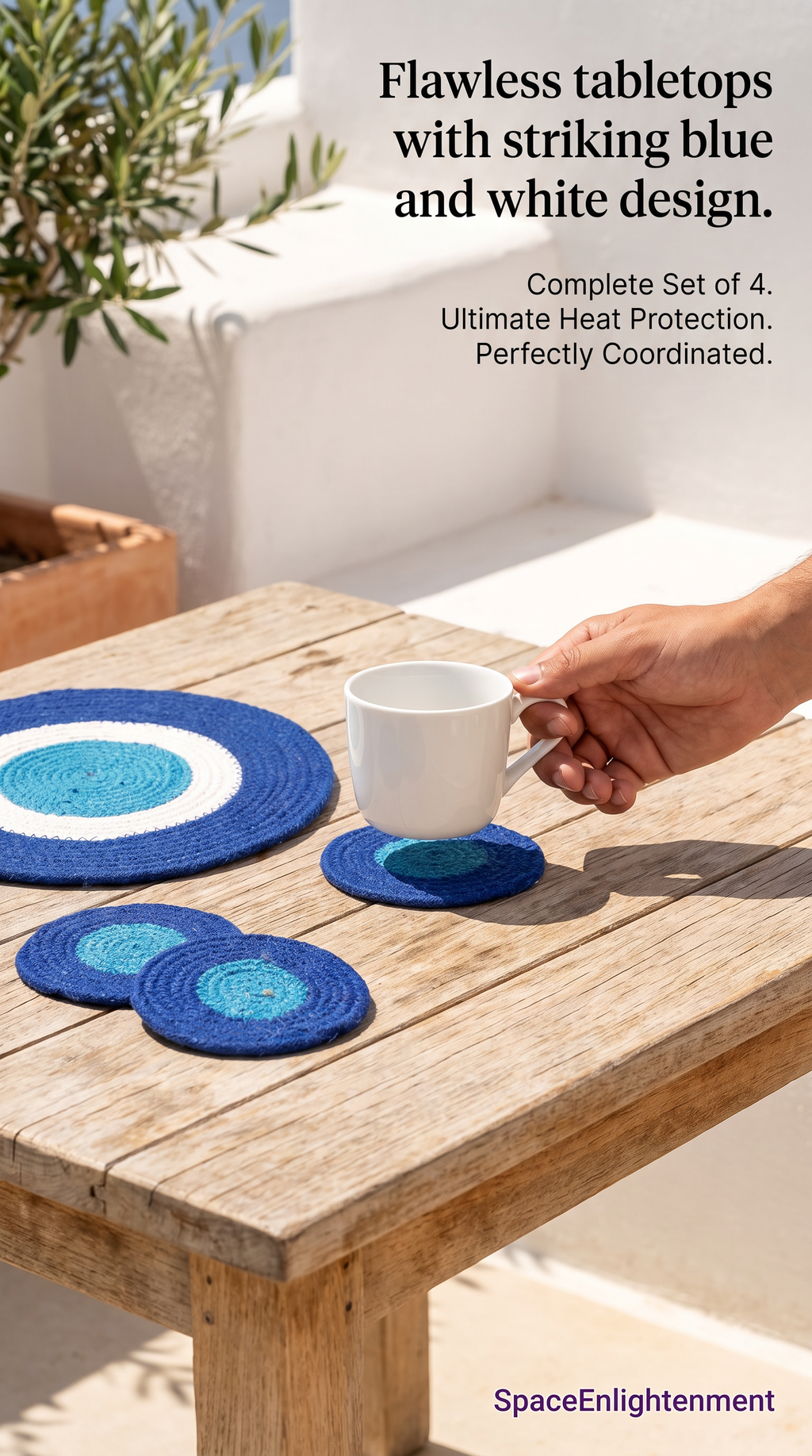 Coasters and Mats Set 4 each Handmade Jute Rope Blue White Design