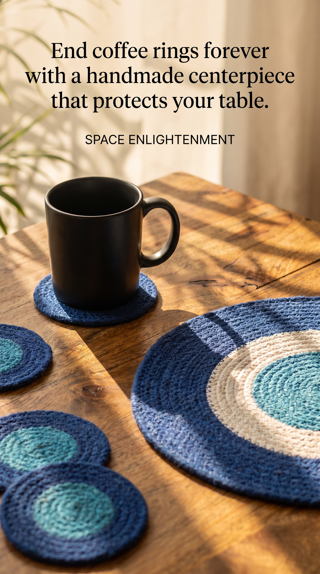 Coasters and Mats Set 4 each Handmade Jute Rope Blue White Design