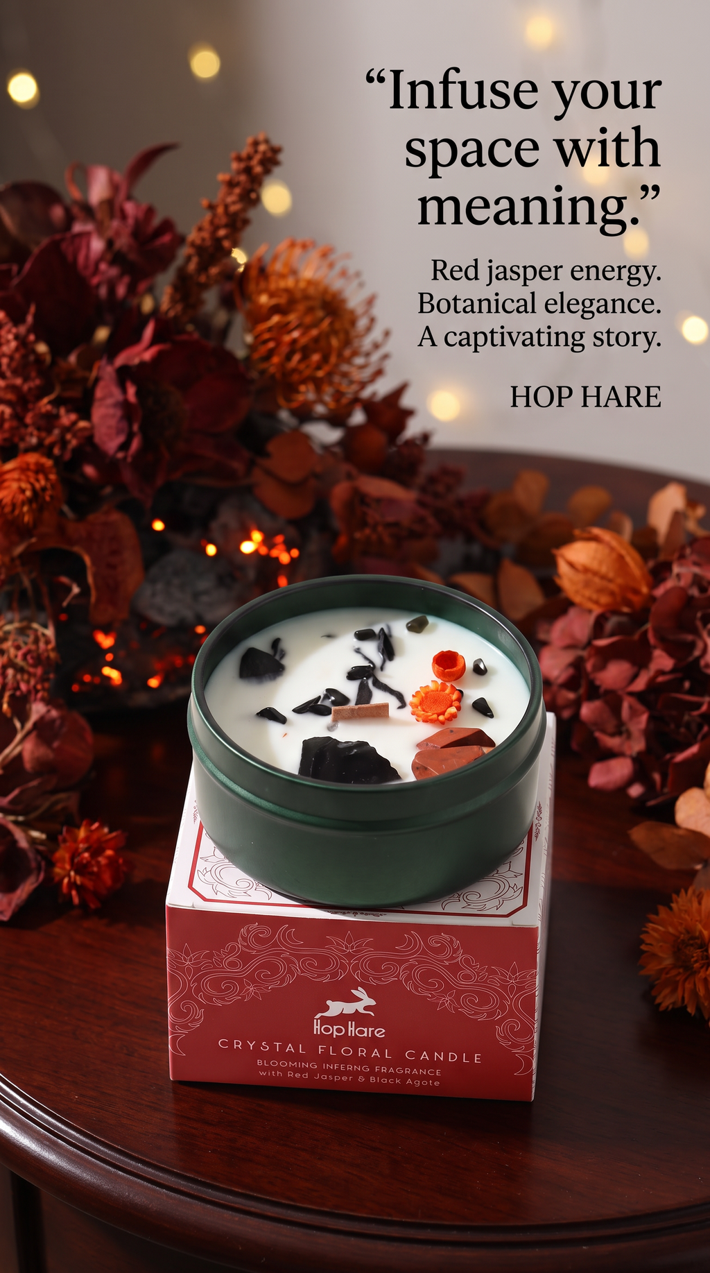 Decorative Crystal Candle with Red Jasper and Dried Flowers
