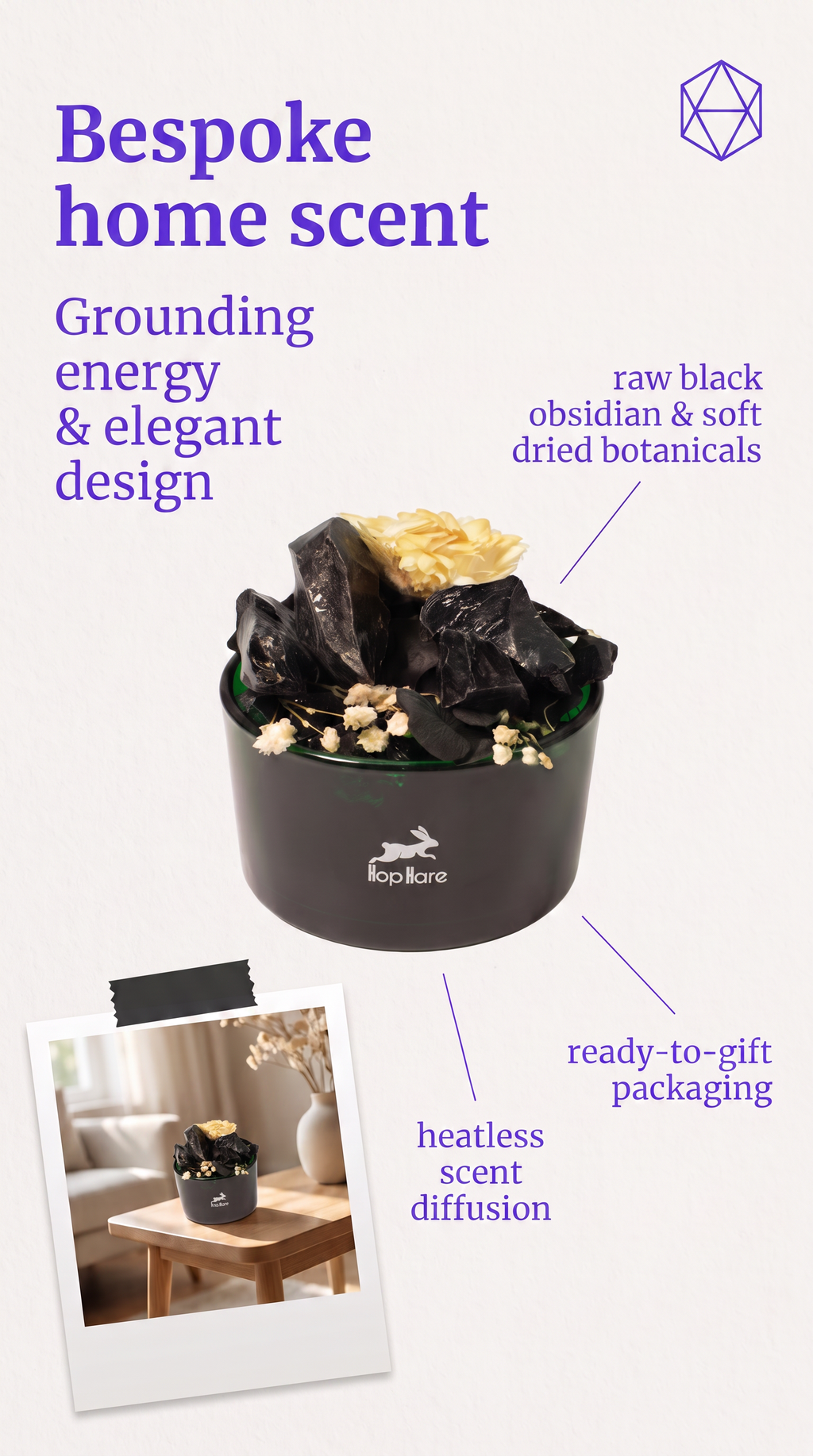 Diffuser Crystals & Floral Set Black Obsidian Crystals With Soft Dried Flowers