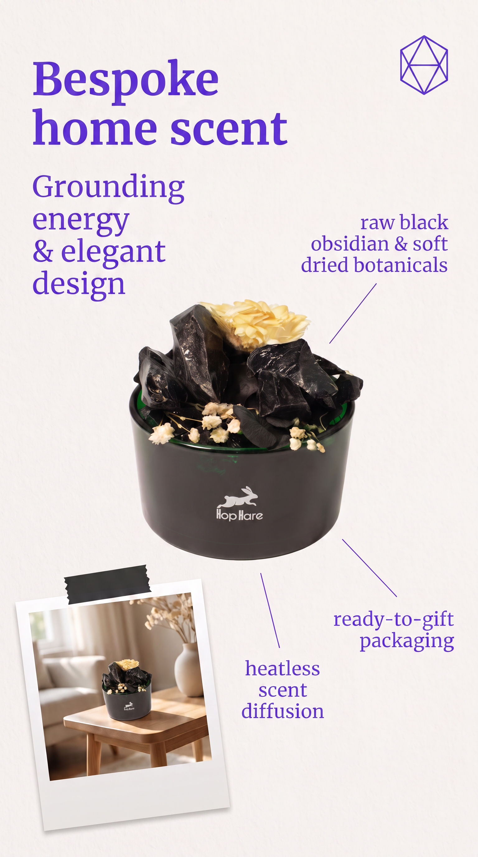 Diffuser Crystals & Floral Set Black Obsidian Crystals With Soft Dried Flowers