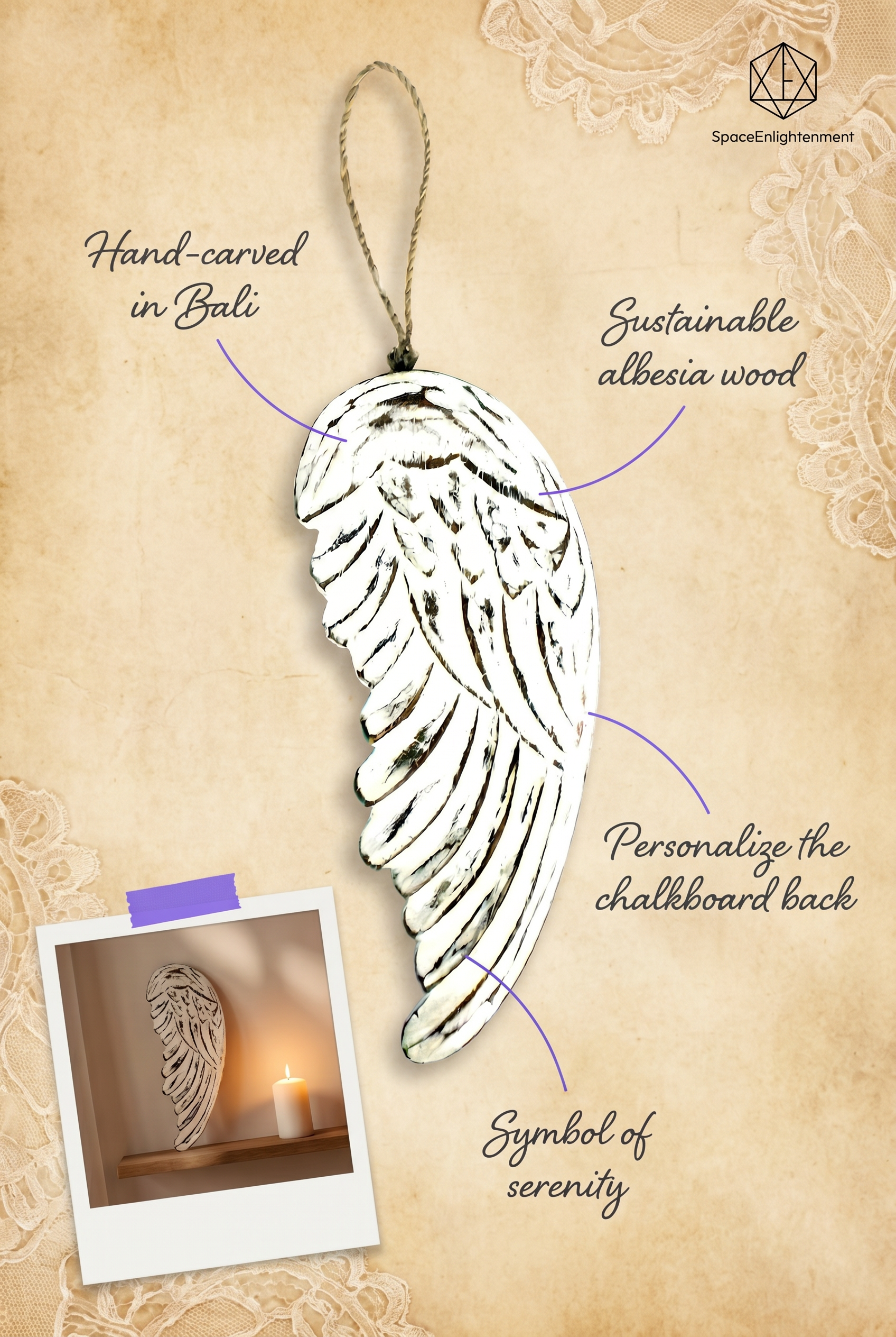 Vintage distressed white-washed angel wings hand-carved from sustainable wood for wall or shelf decor, personalized chalkboard back