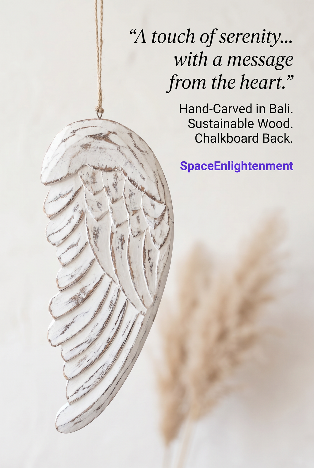 Vintage distressed white-washed angel wings hand-carved from sustainable wood for wall or shelf decor, personalized chalkboard back