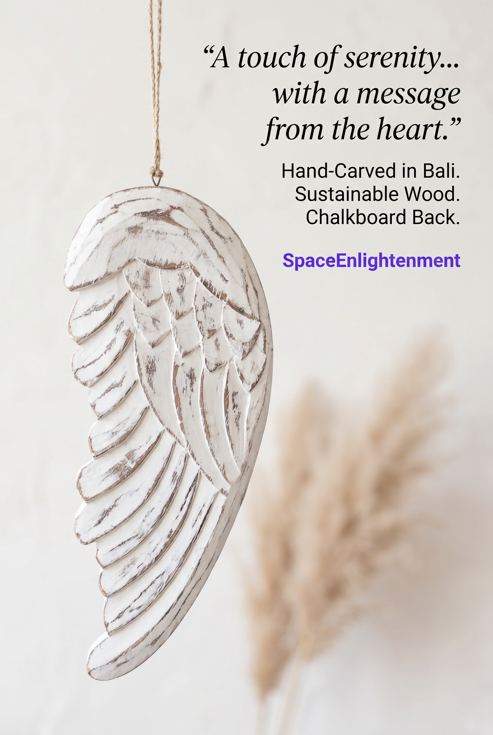 Vintage distressed white-washed angel wings hand-carved from sustainable wood for wall or shelf decor, personalized chalkboard back