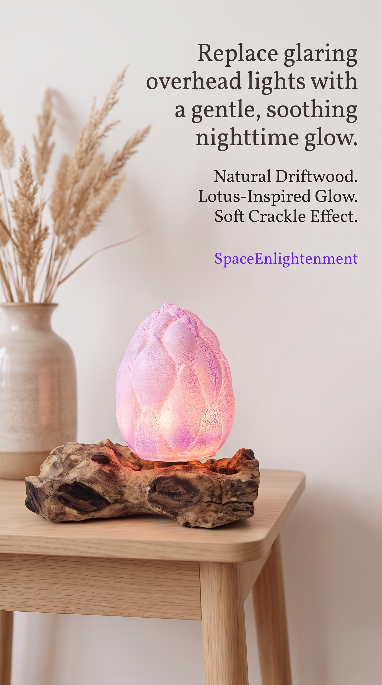 Glow Lamp Crackle Lotus Flower Shade Hand Crafted Driftwood