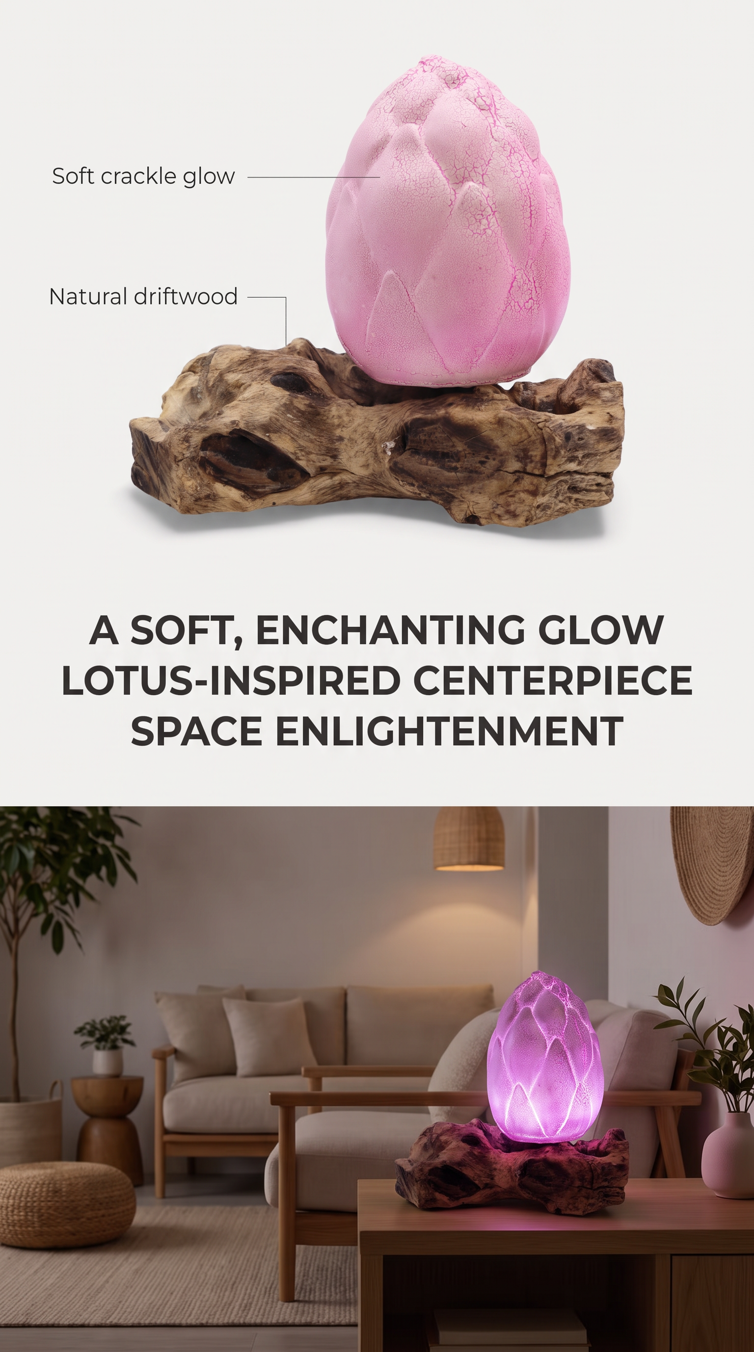Glow Lamp Crackle Lotus Flower Shade Hand Crafted Driftwood