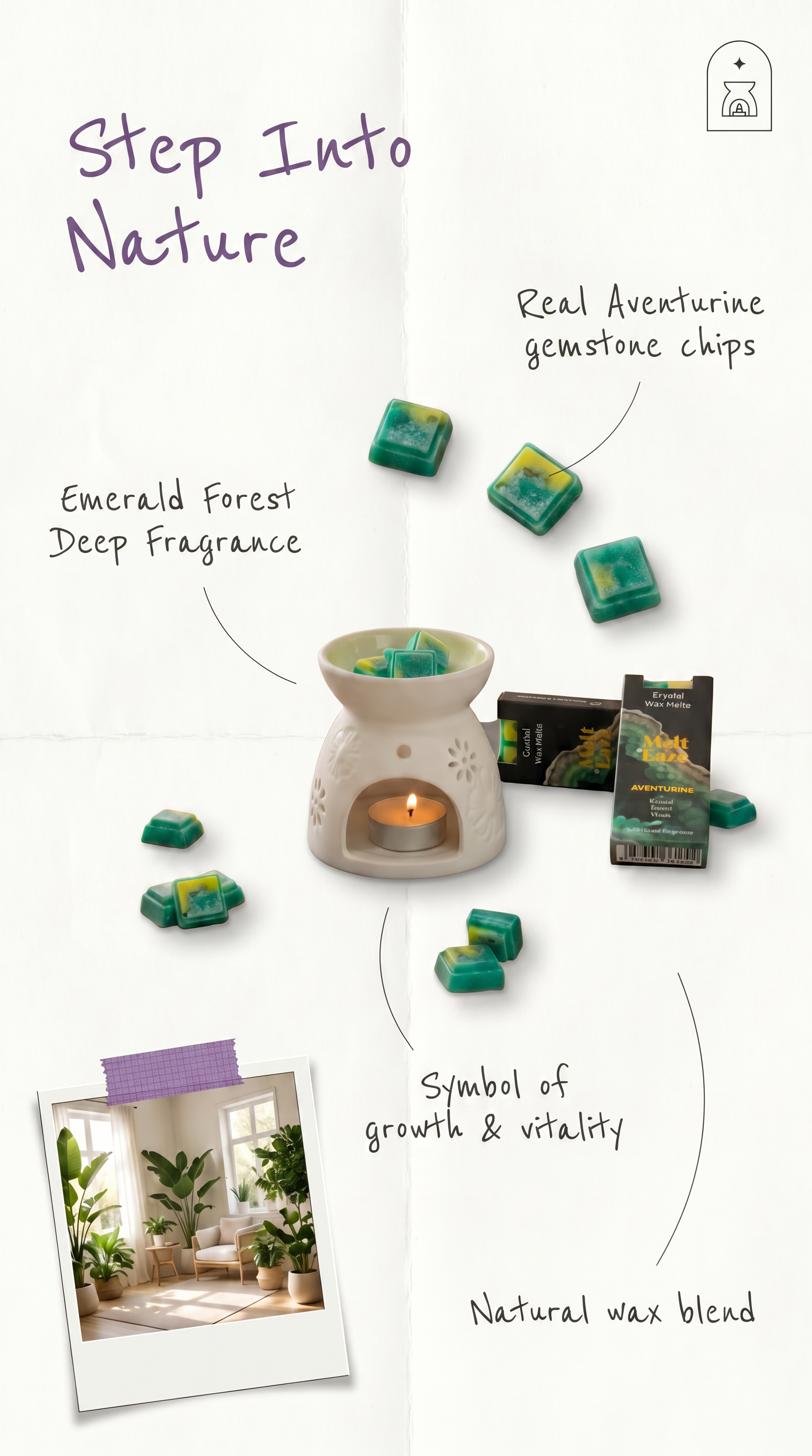 Emerald Forest Crystal Wax Melts Bar With Real Aventurine Gemstone Chips