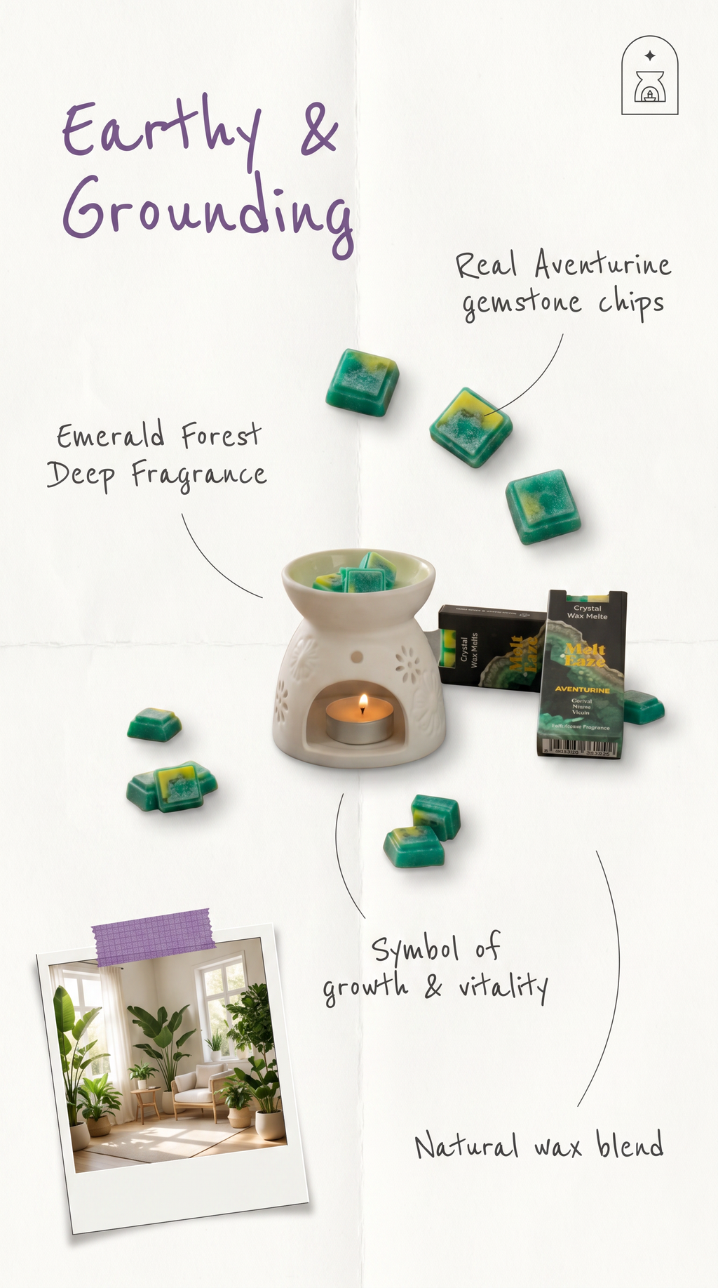 Emerald Forest Crystal Wax Melts Bar With Real Aventurine Gemstone Chips