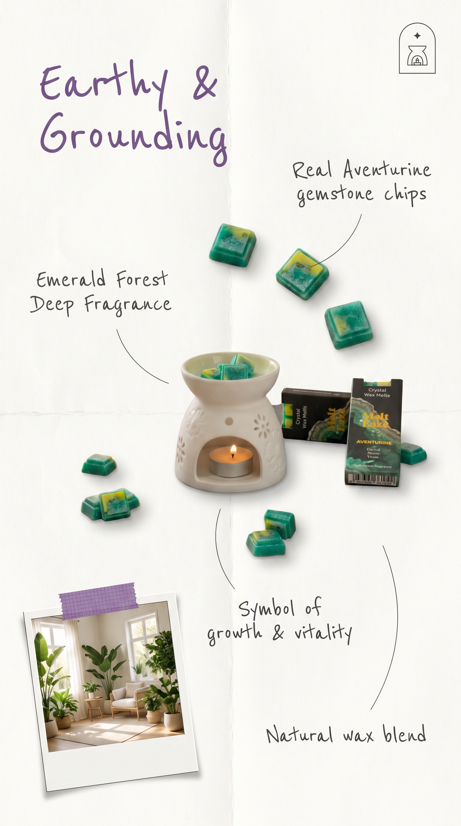 Emerald Forest Crystal Wax Melts Bar With Real Aventurine Gemstone Chips