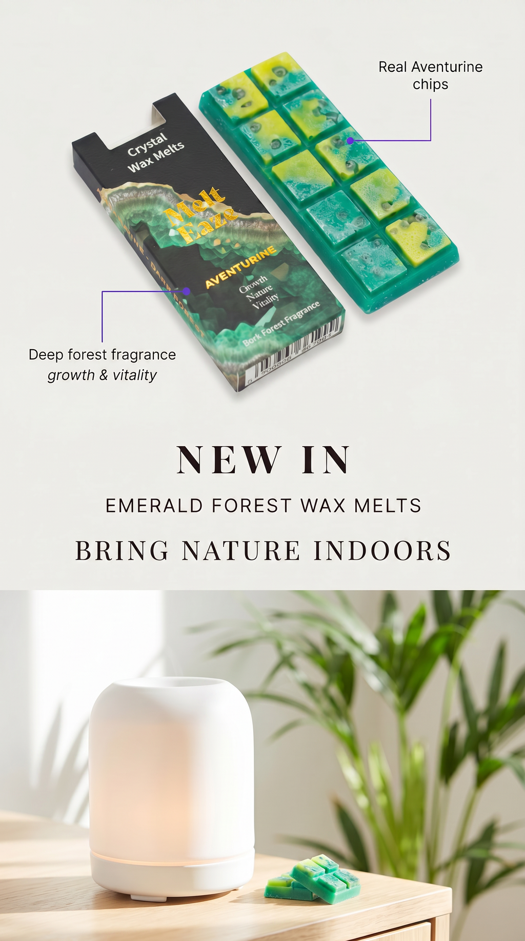 Emerald Forest Crystal Wax Melts Bar With Real Aventurine Gemstone Chips