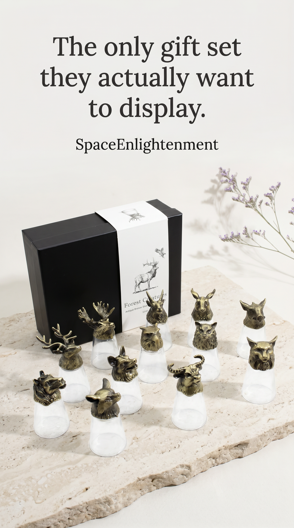 Set of 12 Decorative Shot Glasses with Antique Bronze Forest Animals Mystical, Collectible.