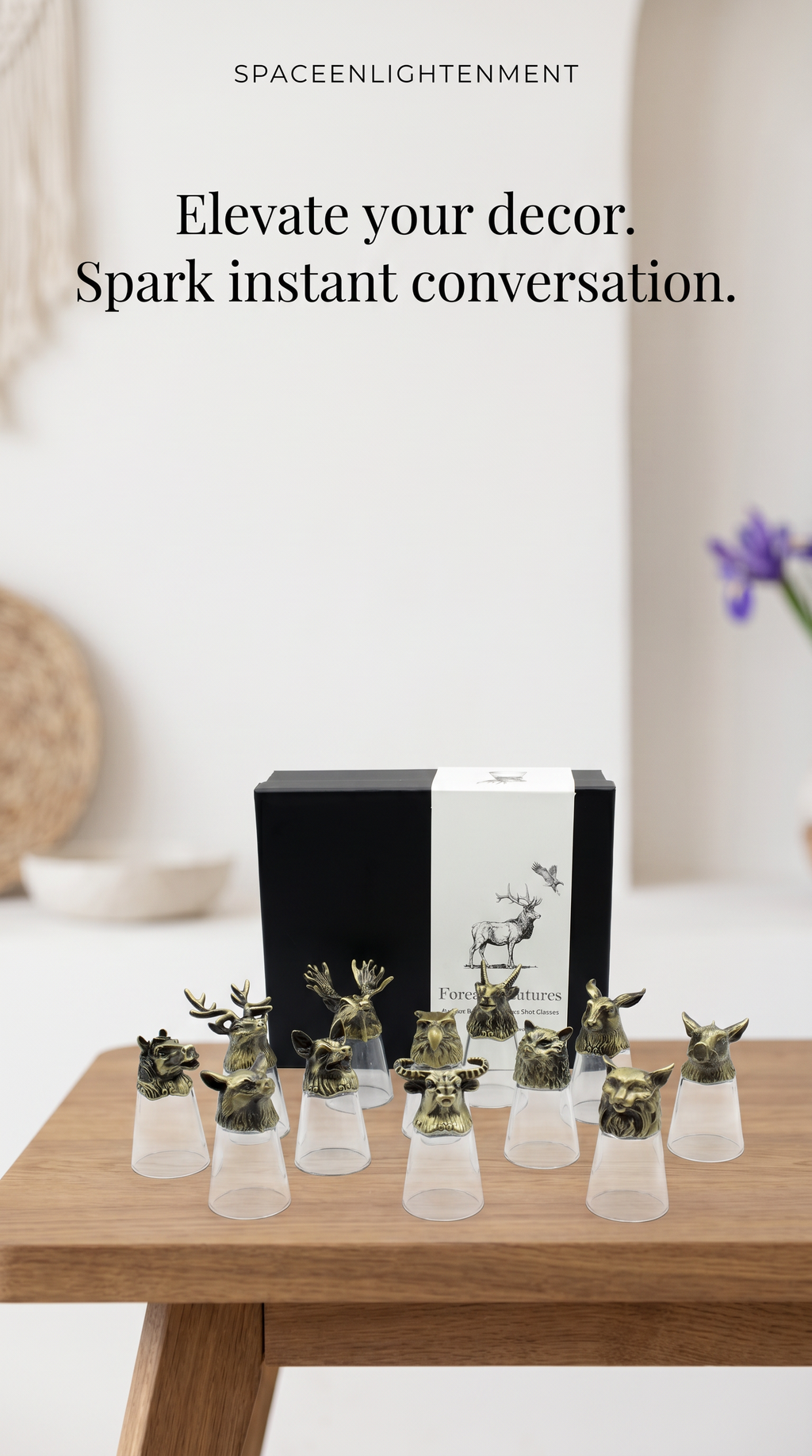 Set of 12 Decorative Shot Glasses with Antique Bronze Forest Animals Mystical, Collectible.