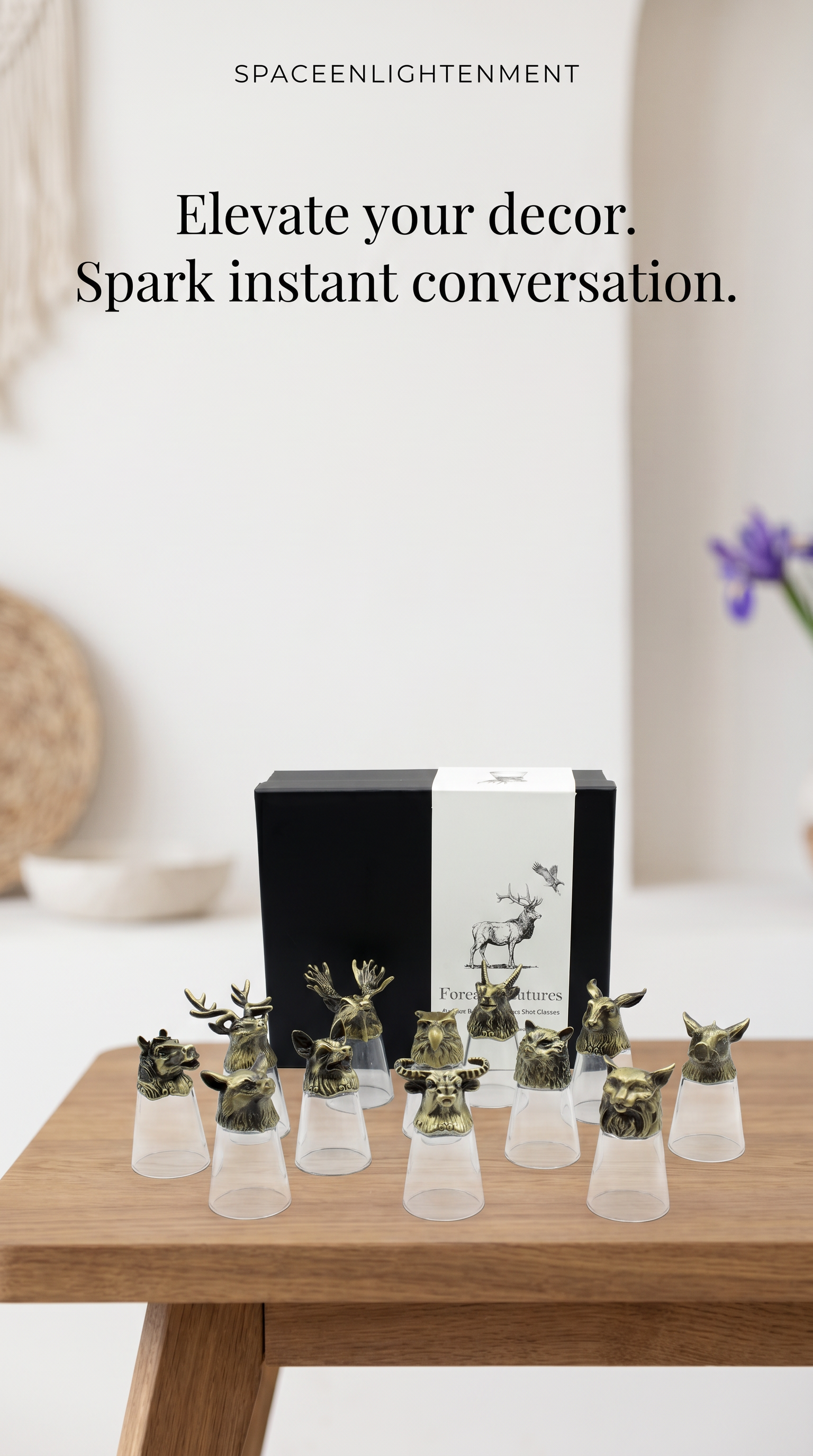 Set of 12 Decorative Shot Glasses with Antique Bronze Forest Animals Mystical, Collectible.