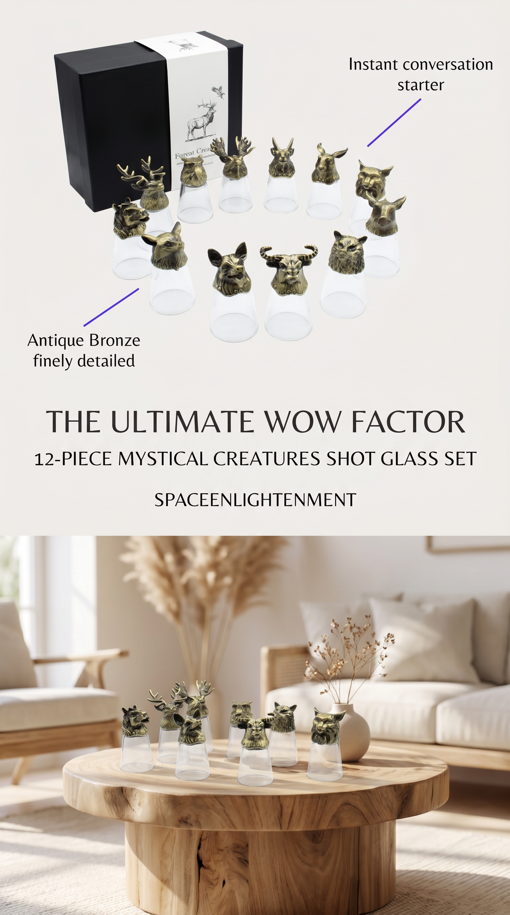 Set of 12 Decorative Shot Glasses with Antique Bronze Forest Animals Mystical, Collectible.