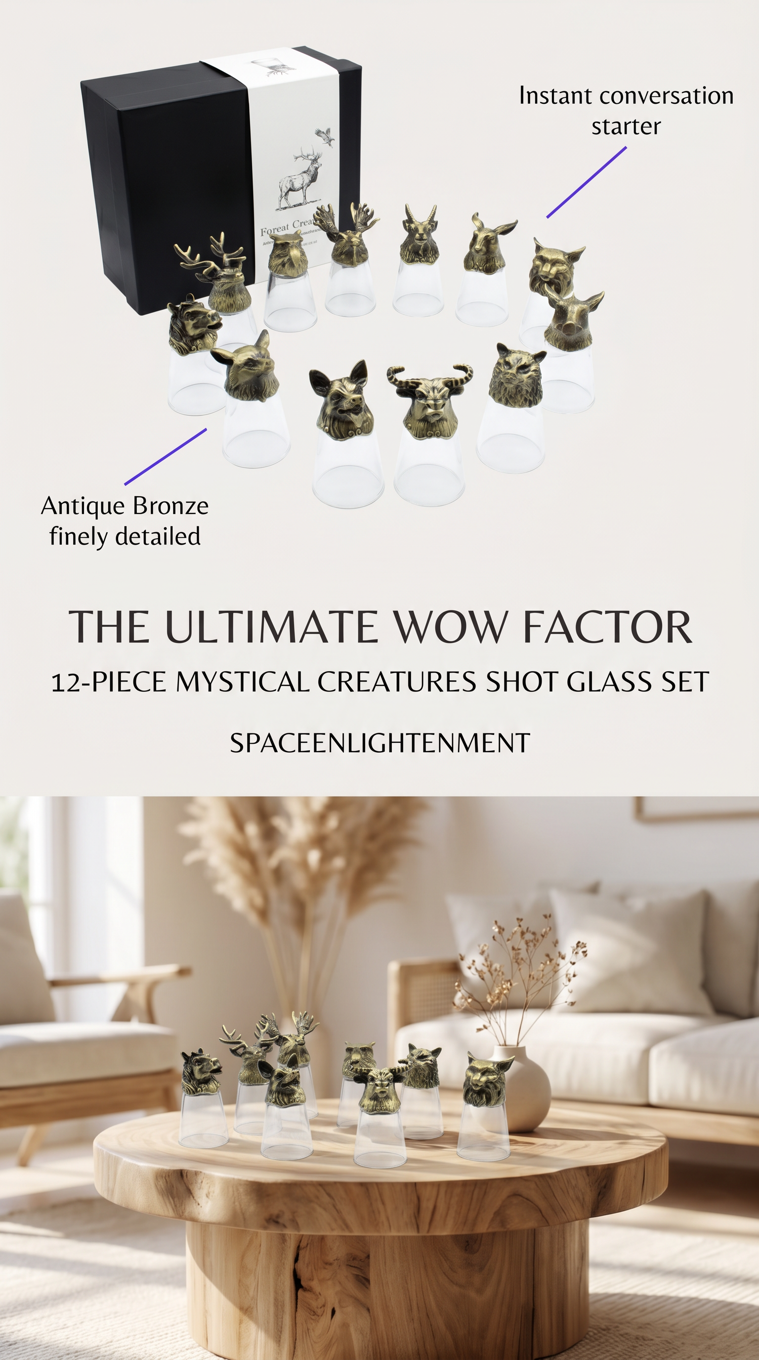 Set of 12 Decorative Shot Glasses with Antique Bronze Forest Animals Mystical, Collectible.