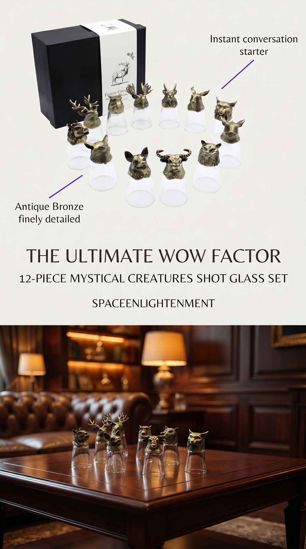 Set of 12 Decorative Shot Glasses with Antique Bronze Forest Animals Mystical, Collectible.