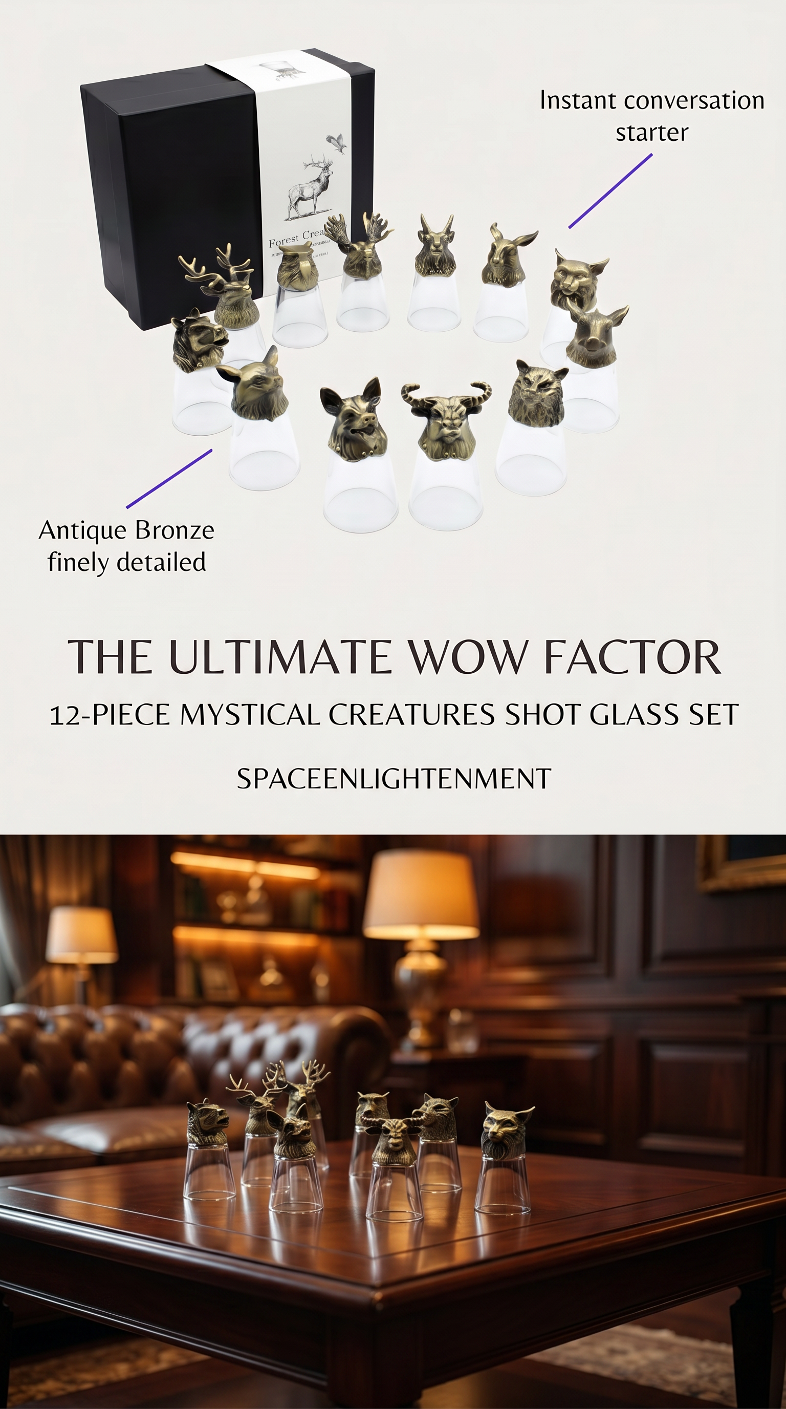 Set of 12 Decorative Shot Glasses with Antique Bronze Forest Animals Mystical, Collectible.