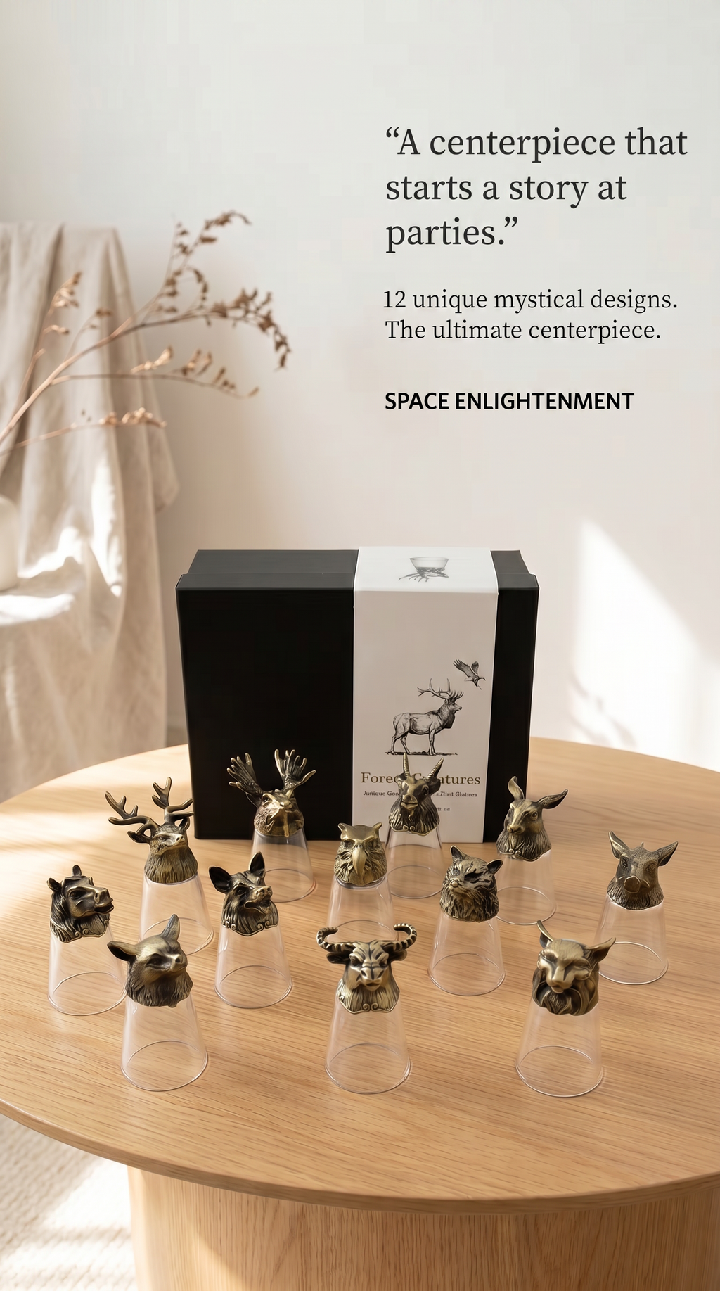 Set of 12 Decorative Shot Glasses with Antique Bronze Forest Animals Mystical, Collectible.
