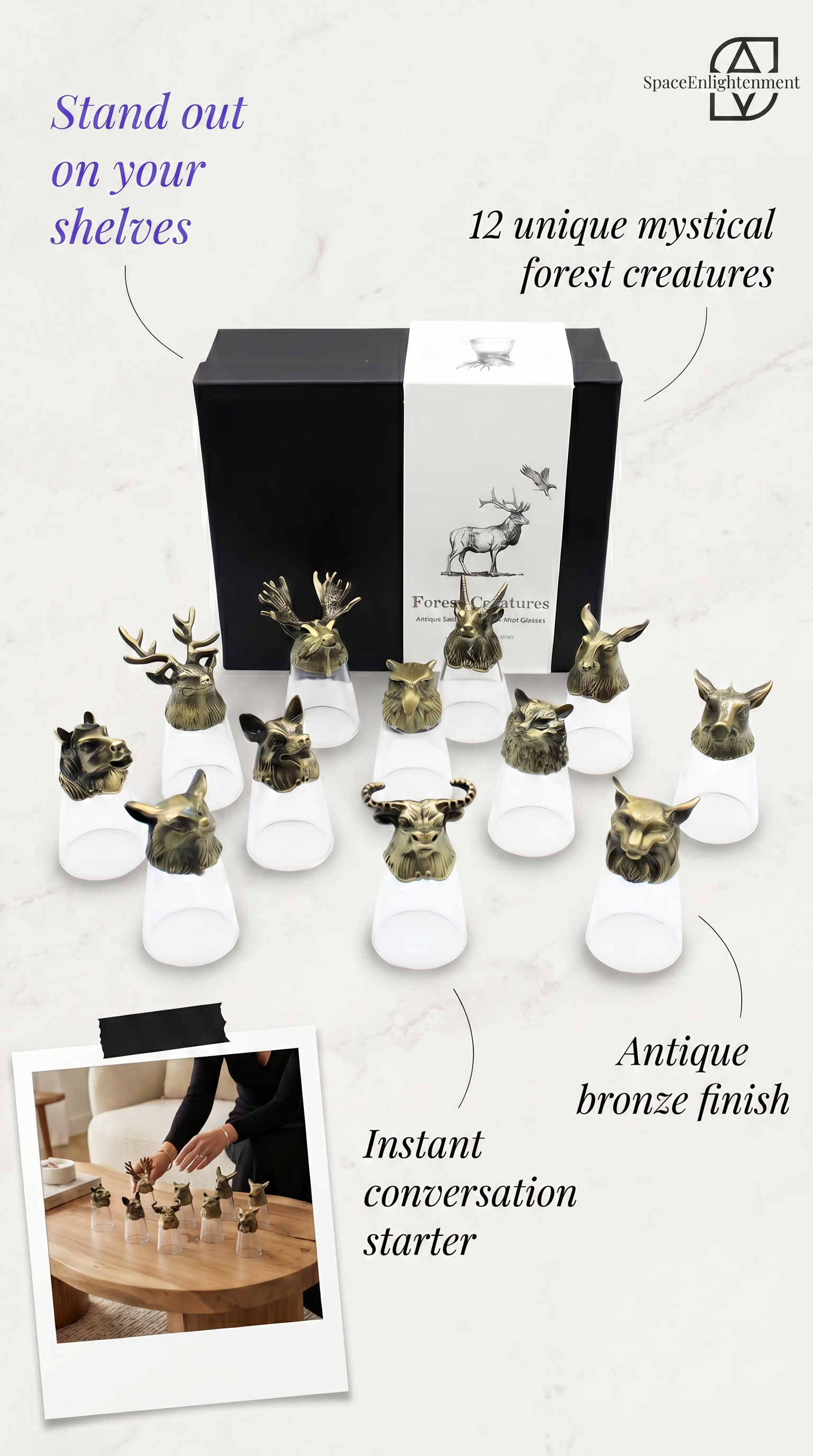 Set of 12 Decorative Shot Glasses with Antique Bronze Forest Animals Mystical, Collectible.
