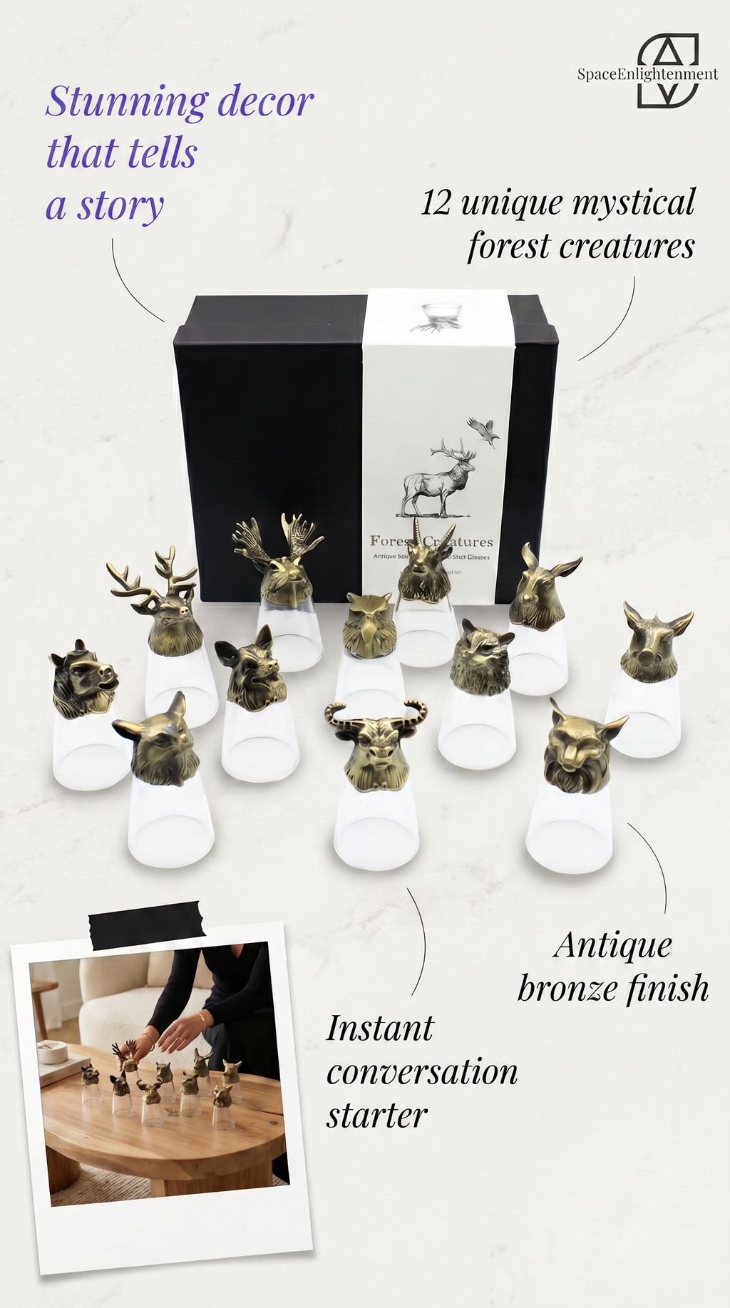 Set of 12 Decorative Shot Glasses with Antique Bronze Forest Animals Mystical, Collectible.