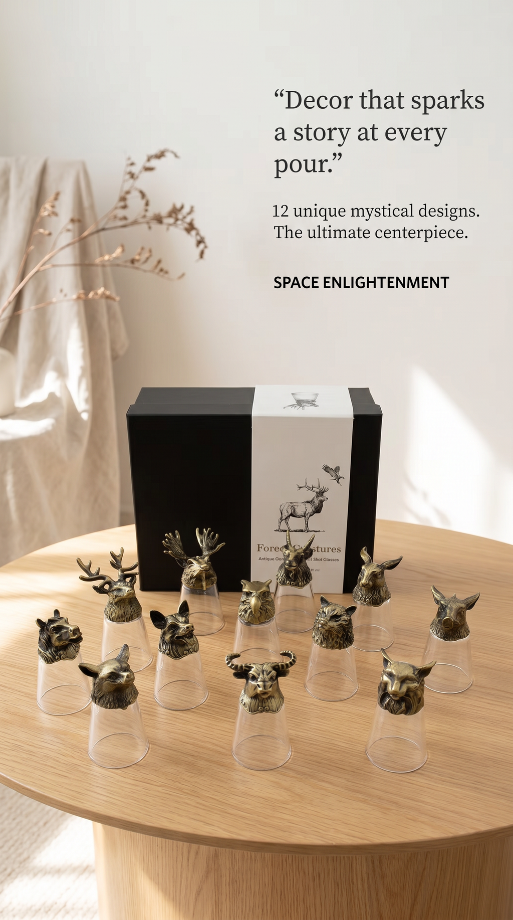 Set of 12 Decorative Shot Glasses with Antique Bronze Forest Animals Mystical, Collectible.