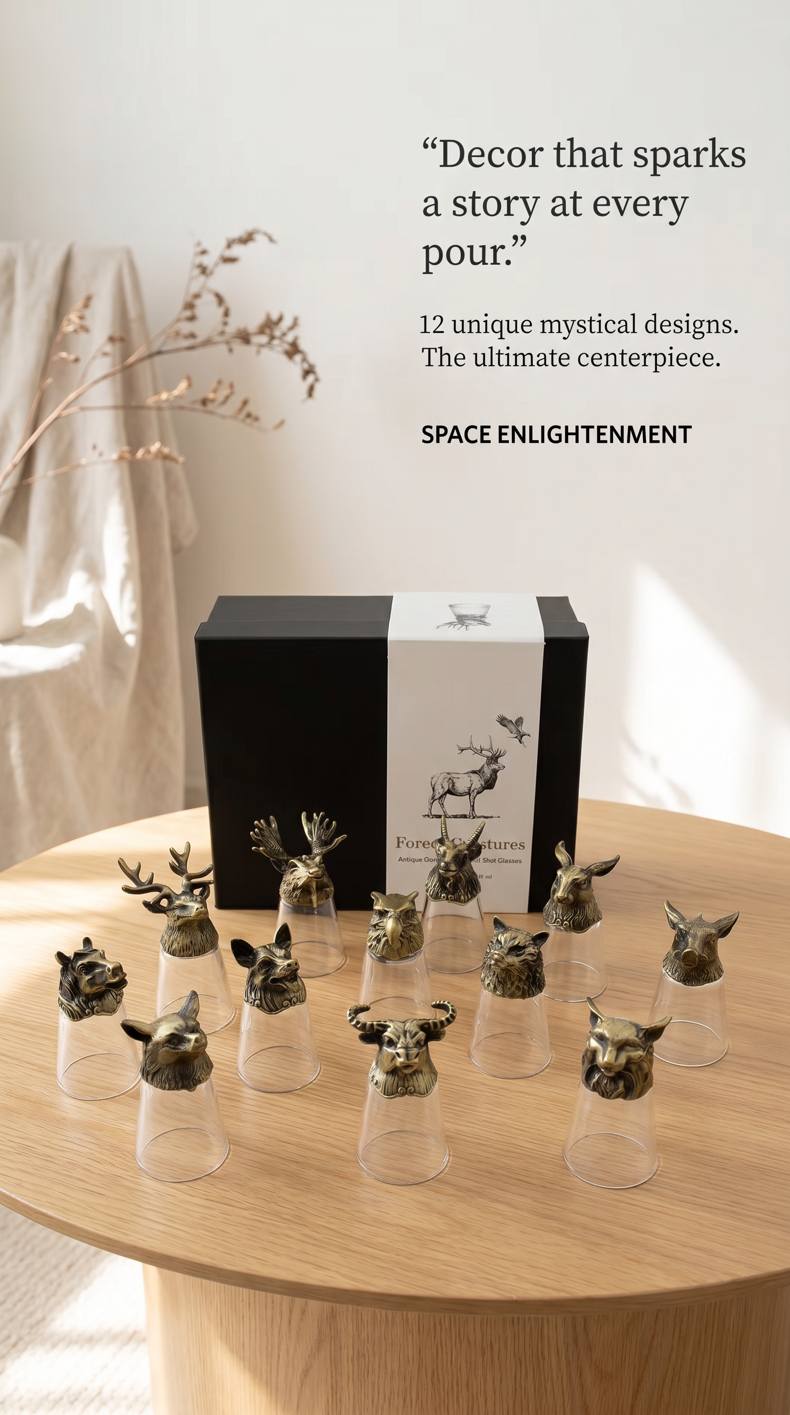 Set of 12 Decorative Shot Glasses with Antique Bronze Forest Animals Mystical, Collectible.