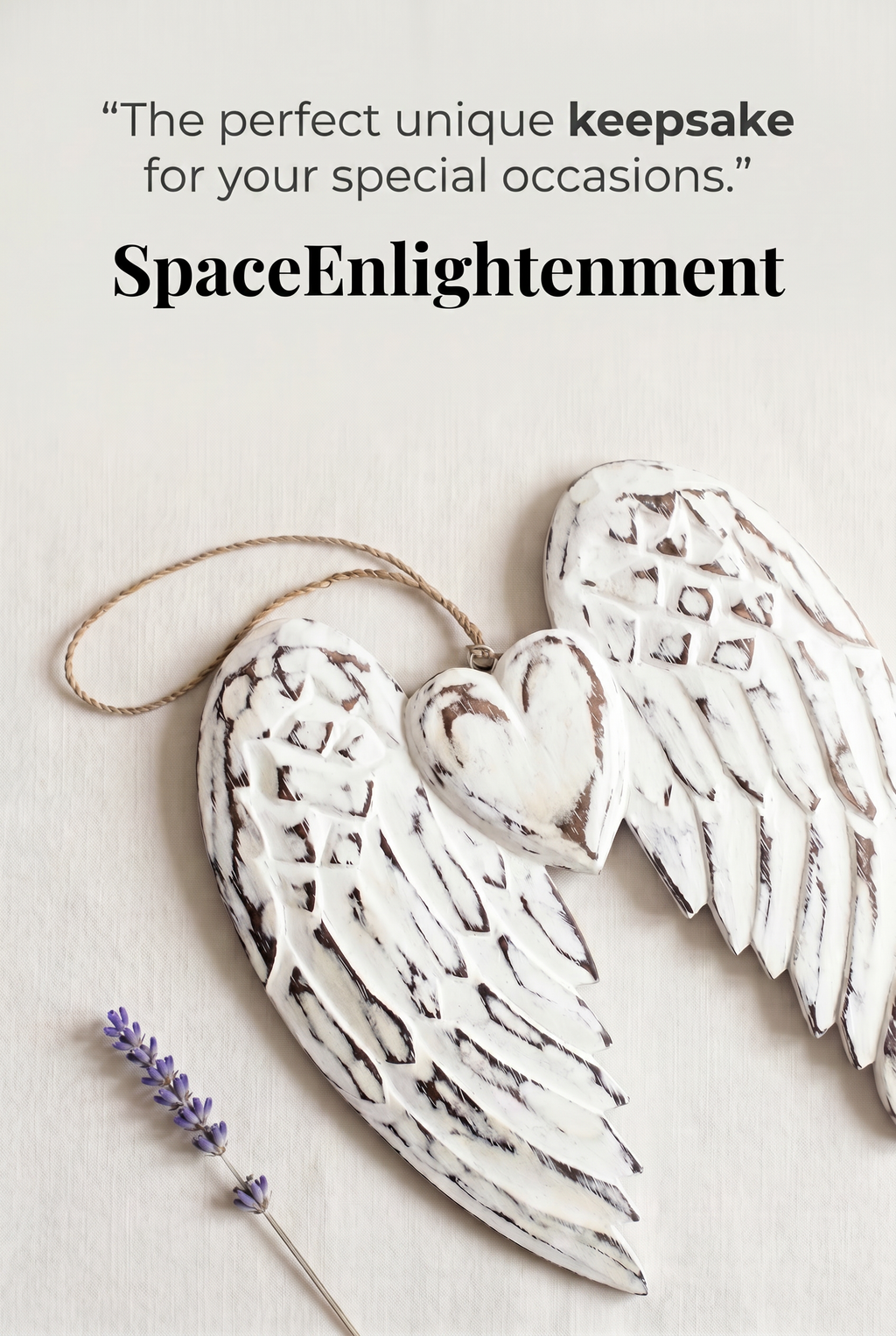 Hand-Carved Vintage Distressed Angel Wings and Heart Decoration, White-Washed Rustic Wall or Shelf Art
