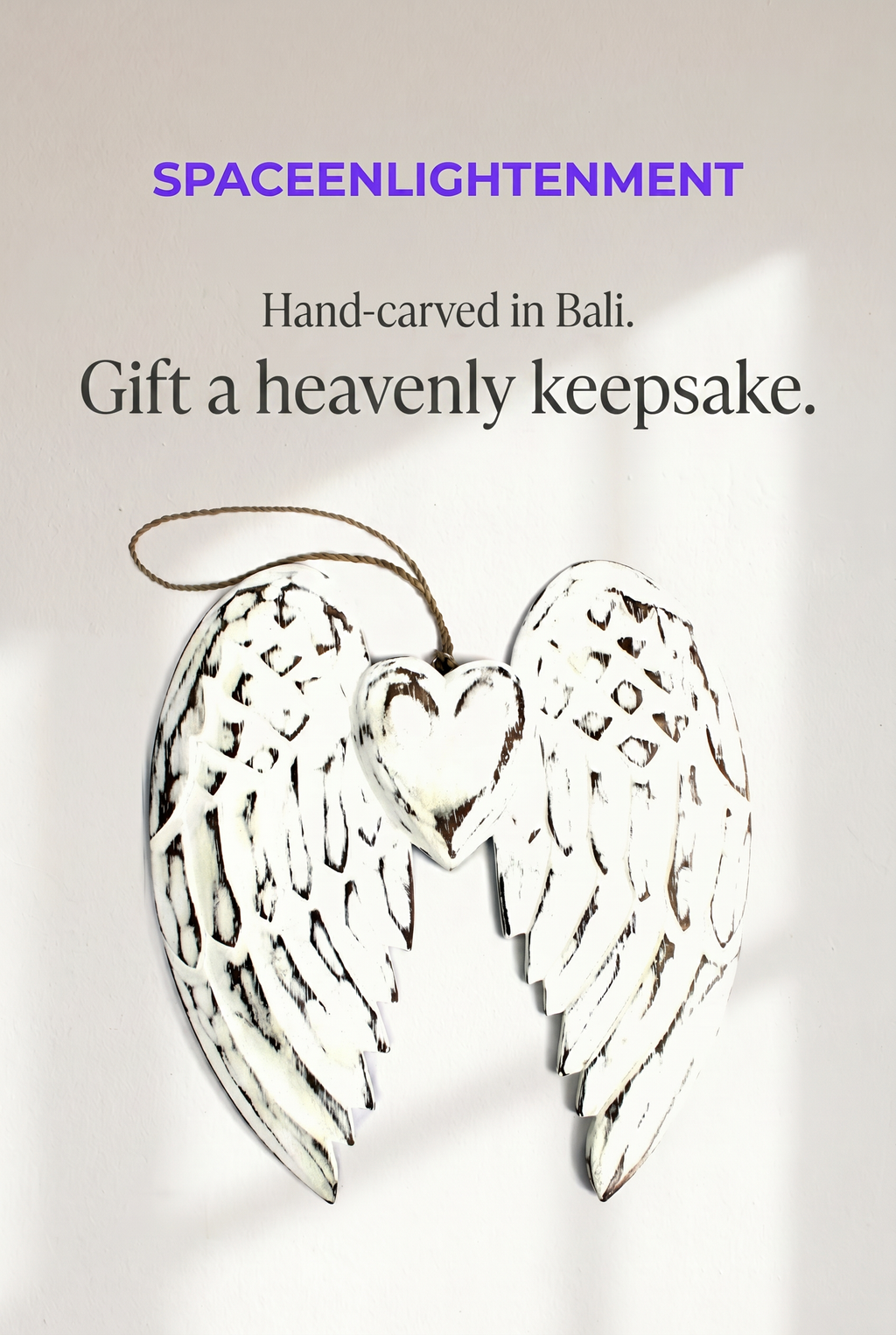 Hand-Carved Vintage Distressed Angel Wings and Heart Decoration, White-Washed Rustic Wall or Shelf Art