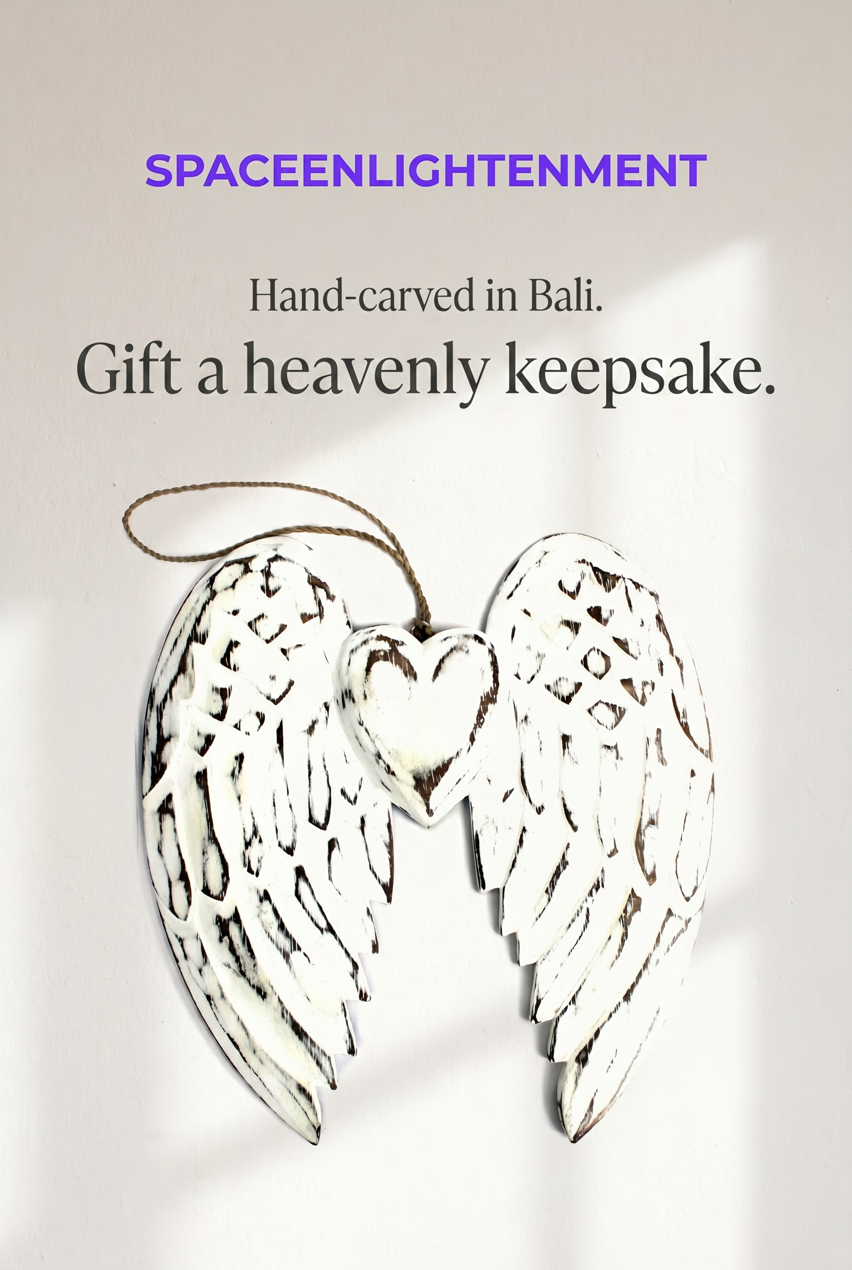 Hand-Carved Vintage Distressed Angel Wings and Heart Decoration, White-Washed Rustic Wall or Shelf Art
