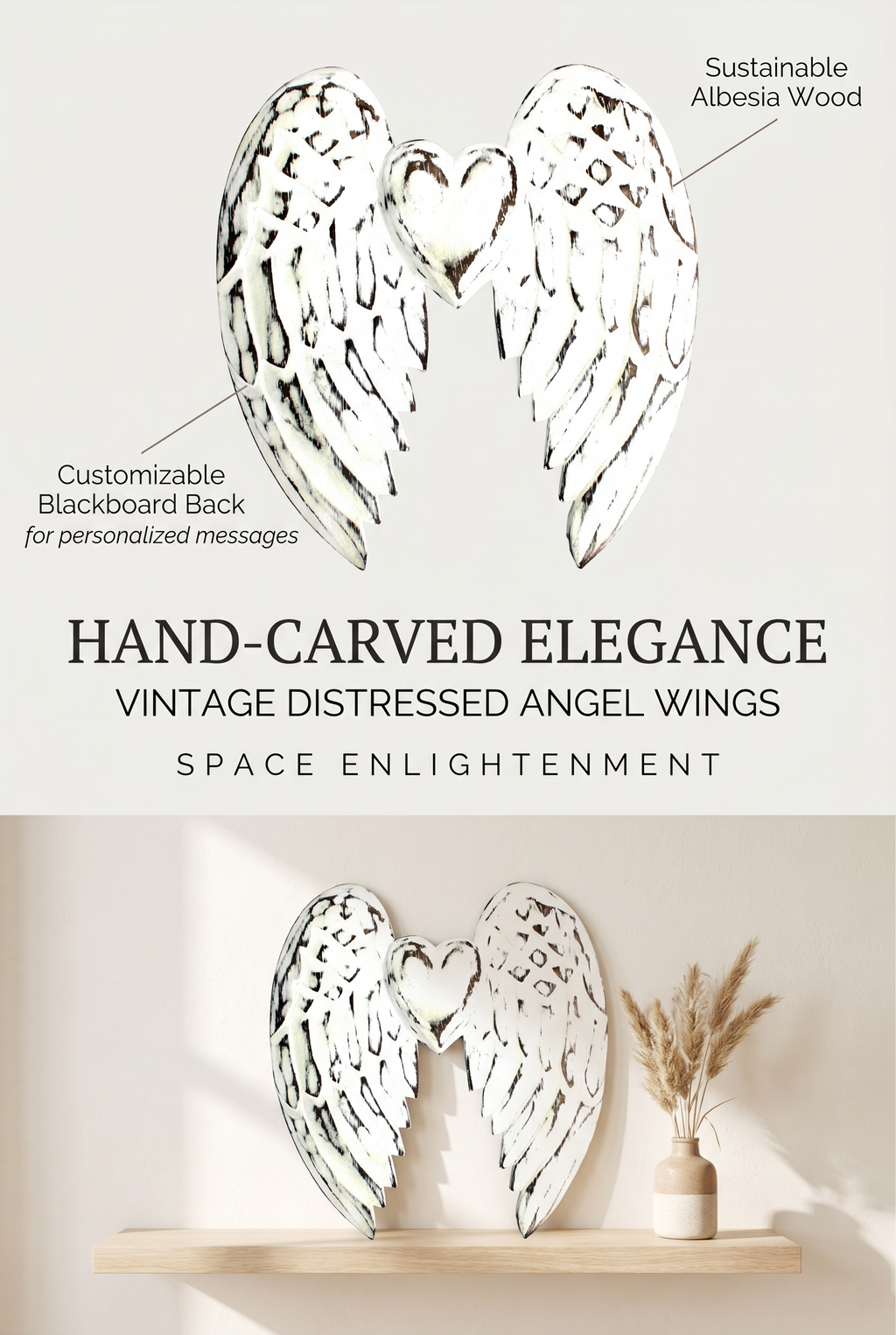 Hand-Carved Vintage Distressed Angel Wings and Heart Decoration, White-Washed Rustic Wall or Shelf Art