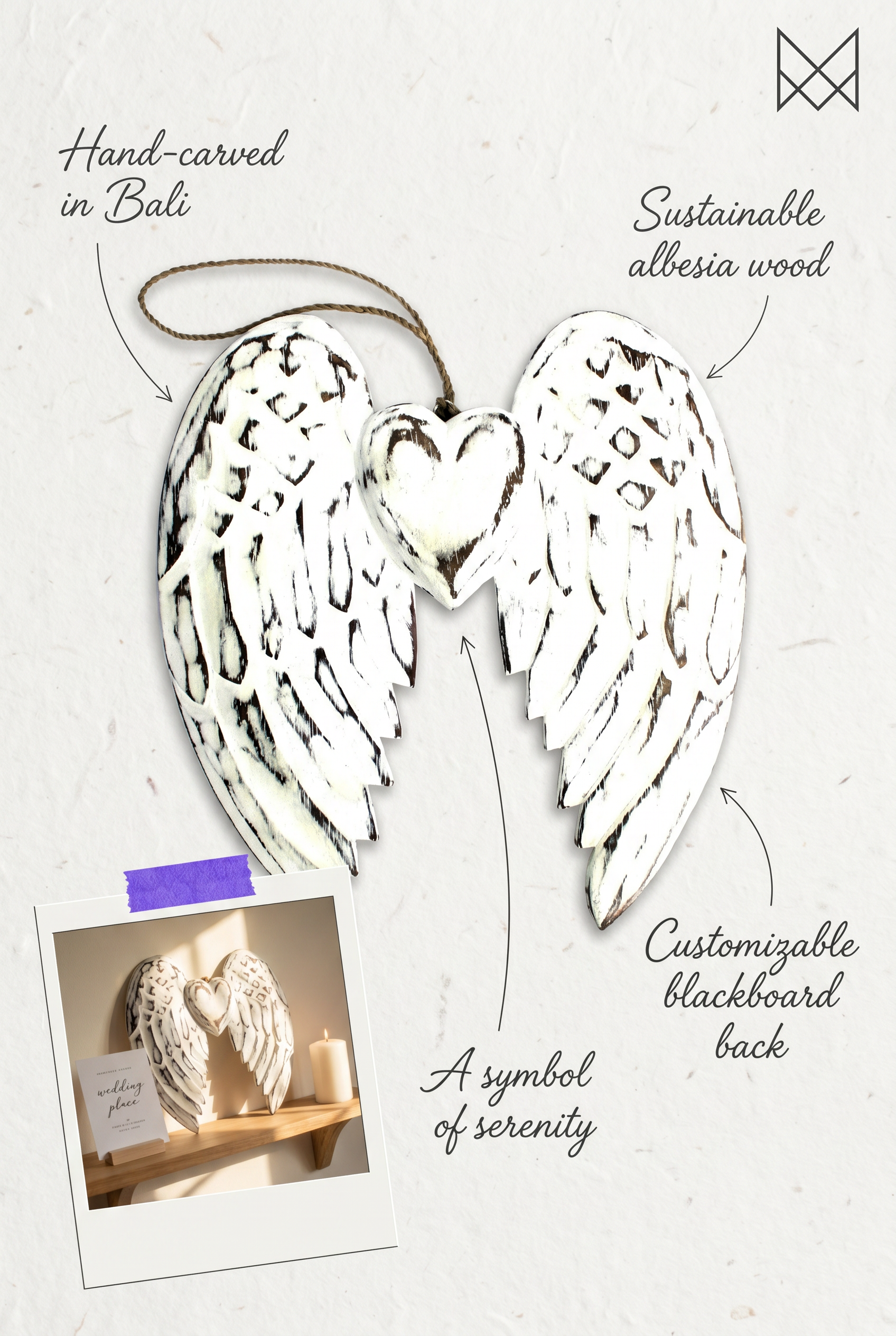 Hand-Carved Vintage Distressed Angel Wings and Heart Decoration, White-Washed Rustic Wall or Shelf Art