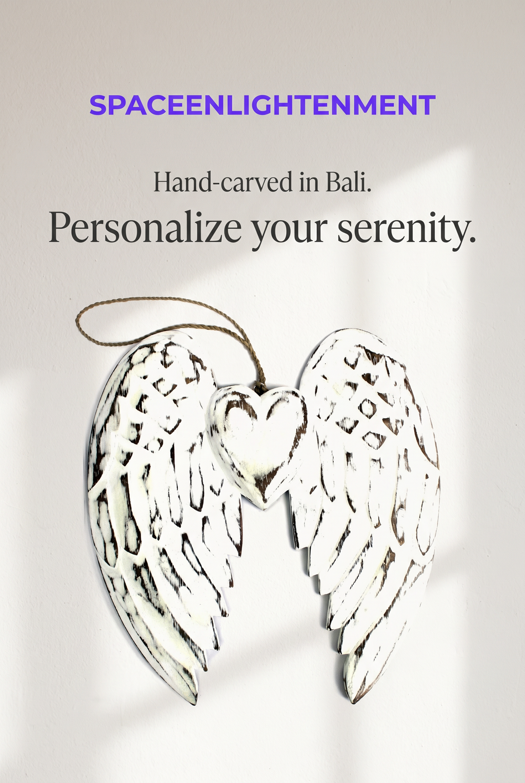Hand-Carved Vintage Distressed Angel Wings and Heart Decoration, White-Washed Rustic Wall or Shelf Art