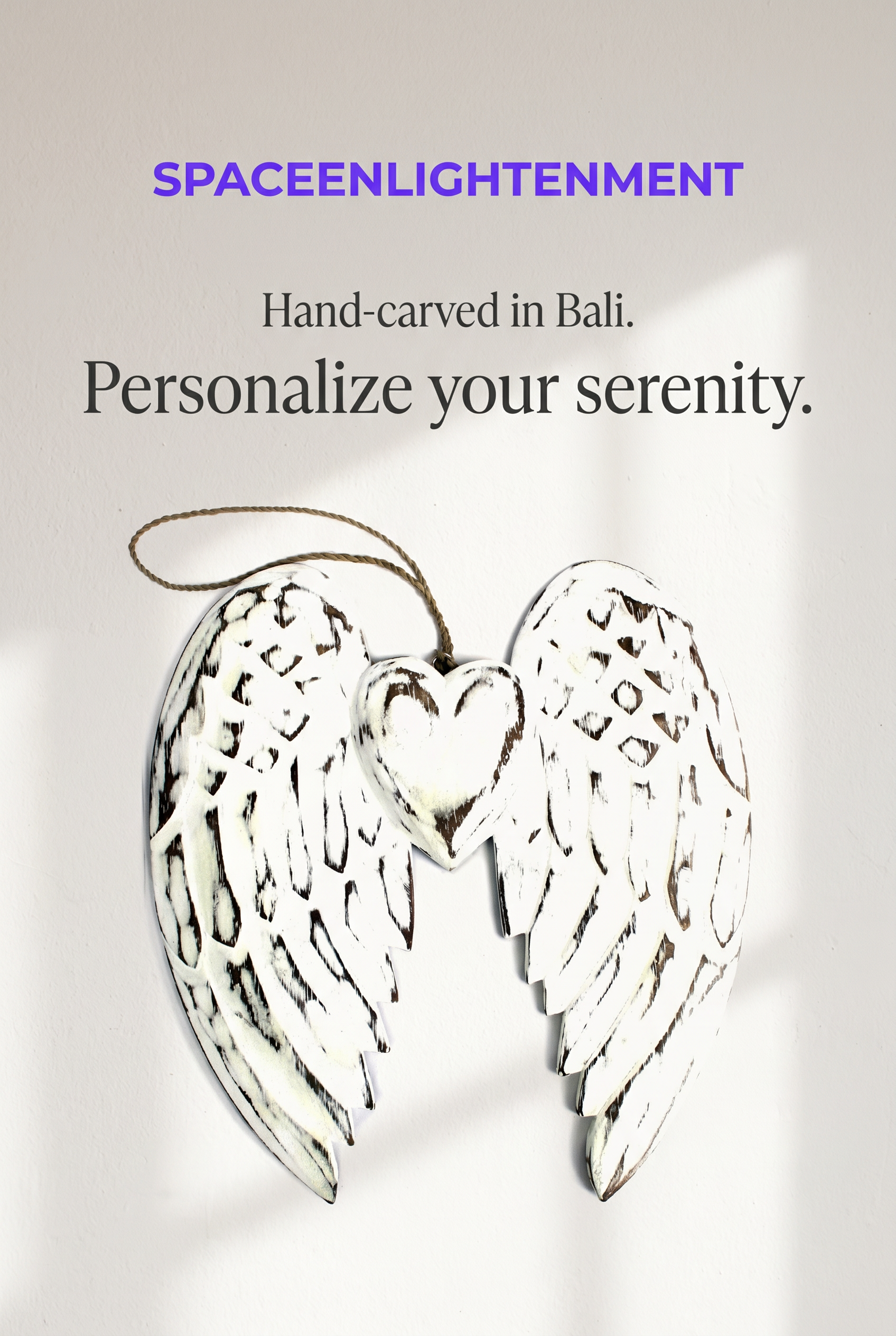 Hand-Carved Vintage Distressed Angel Wings and Heart Decoration, White-Washed Rustic Wall or Shelf Art