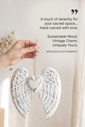 Hand-Carved Vintage Distressed Angel Wings and Heart Decoration, White-Washed Rustic Wall or Shelf Art