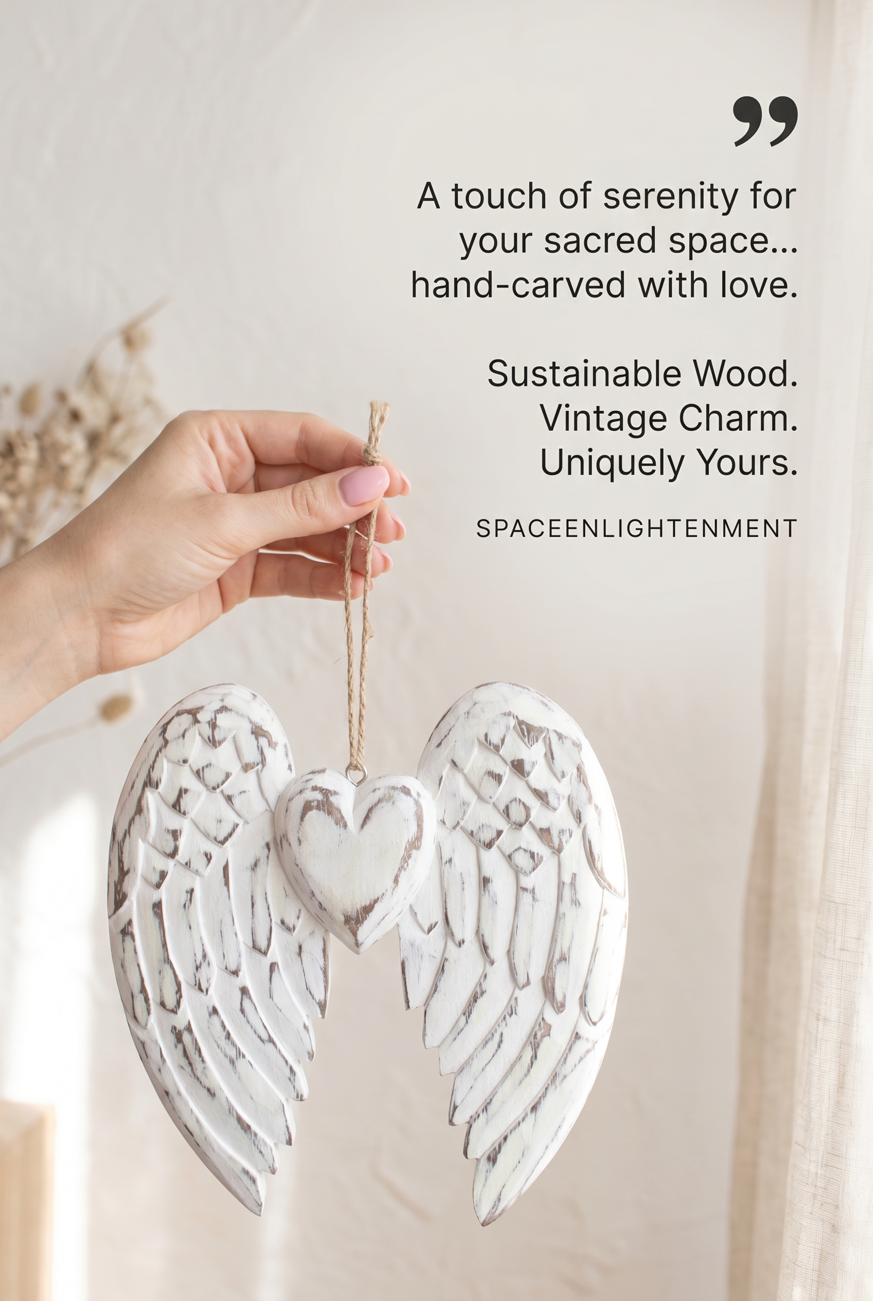 Hand-Carved Vintage Distressed Angel Wings and Heart Decoration, White-Washed Rustic Wall or Shelf Art