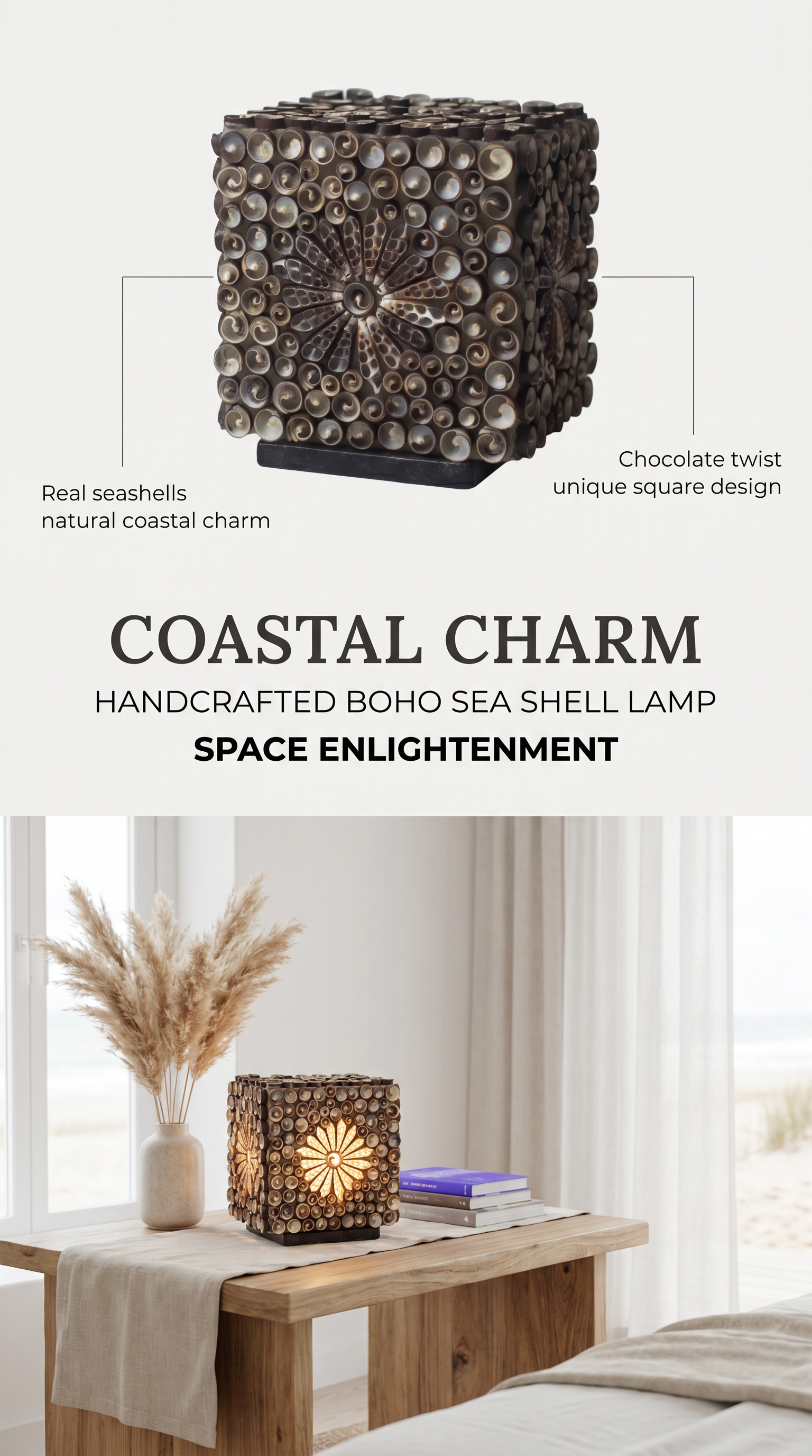 Handcrafted Bohemian Sea Shell Lamp, Chocolate Twist Design, Coastal Square Lamp